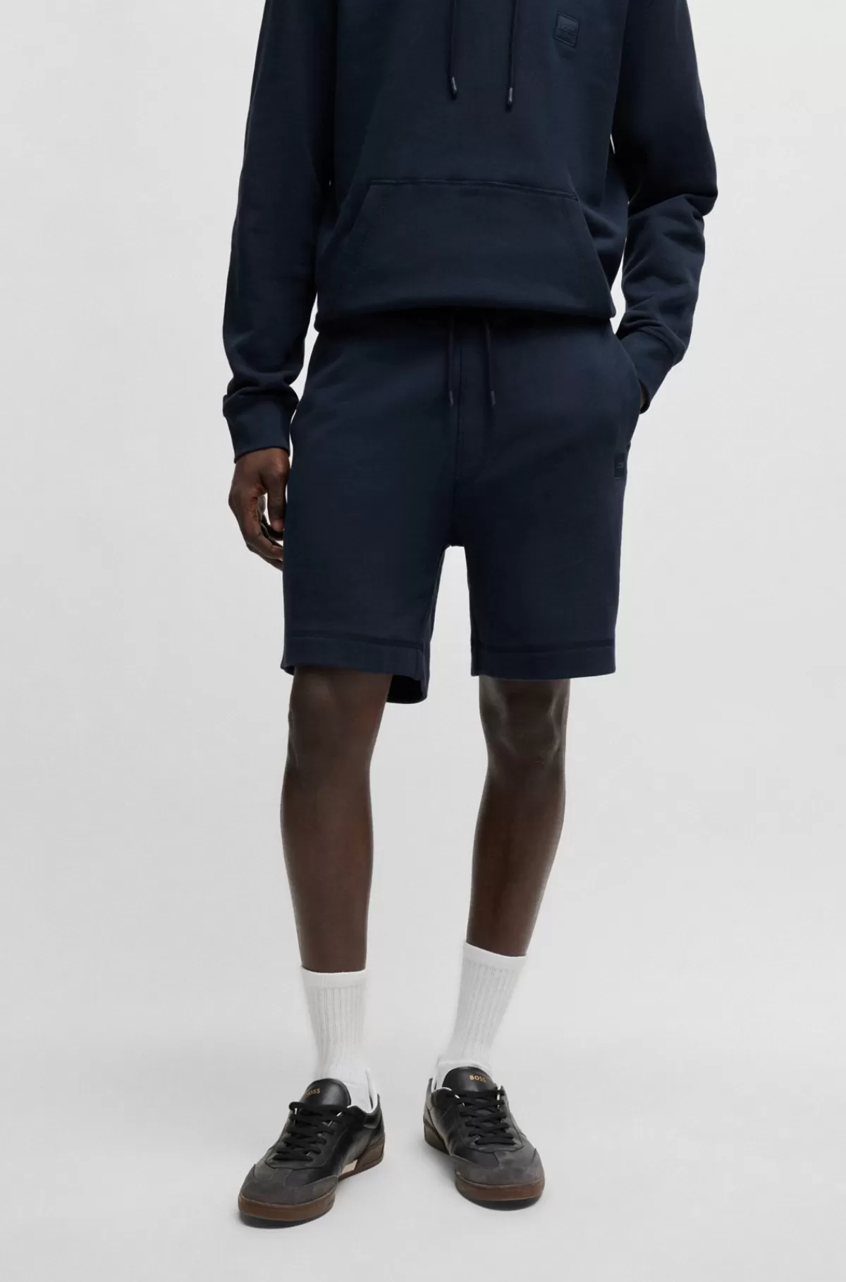 HUGO BOSS Regular Fit Shorts I Bomuldsfrotté Med Logobadge Mørkeblå Sale