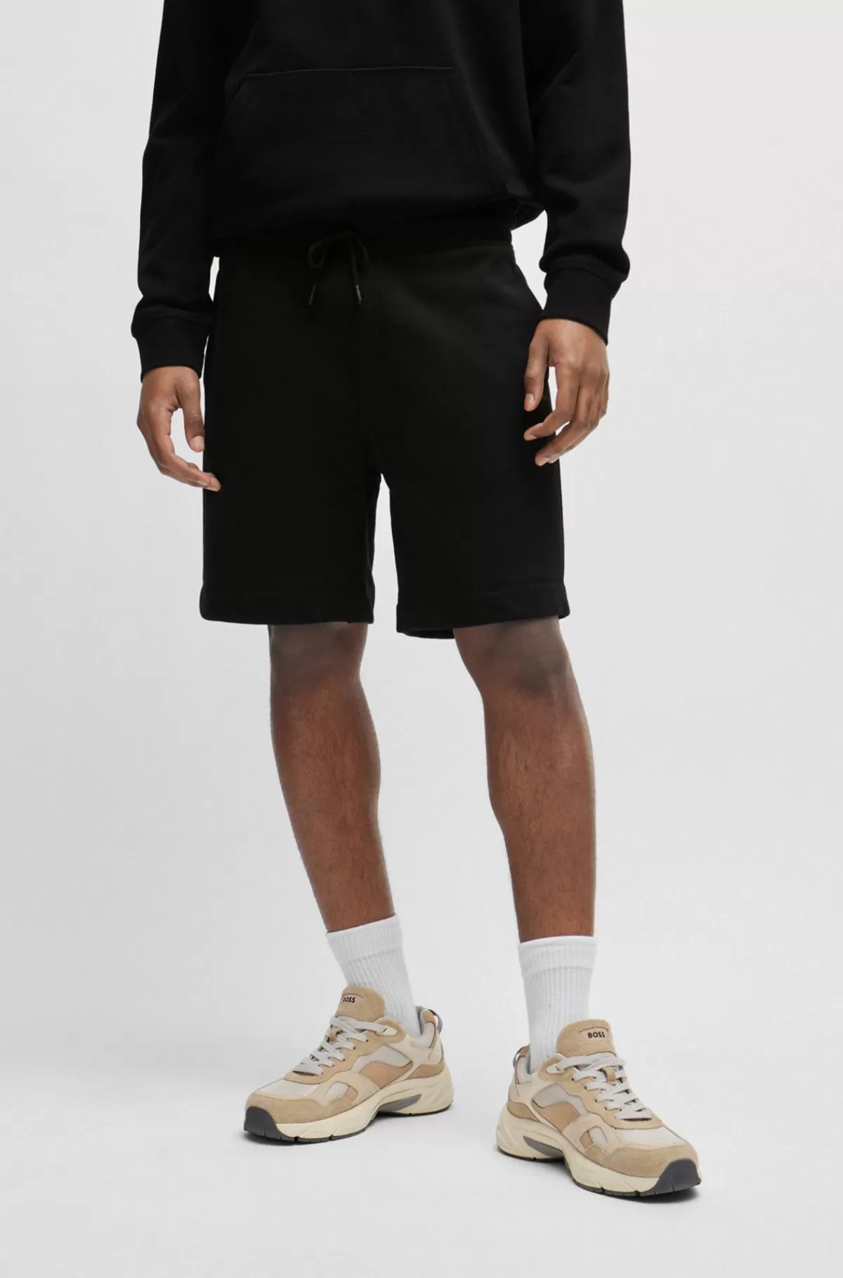 HUGO BOSS Regular Fit Shorts I Bomuldsfrotté Med Logobadge Sort Store
