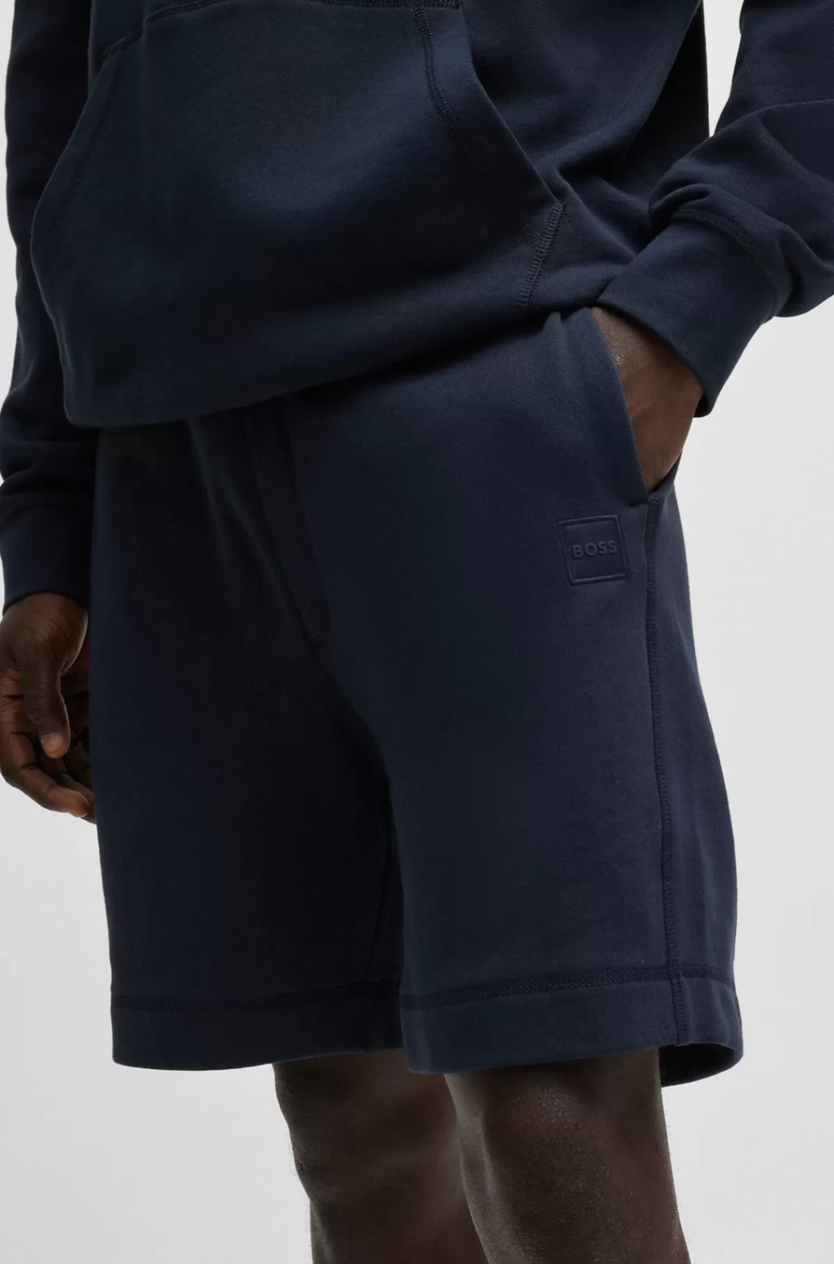HUGO BOSS Regular Fit Shorts I Bomuldsfrotté Med Logobadge Mørkeblå Sale
