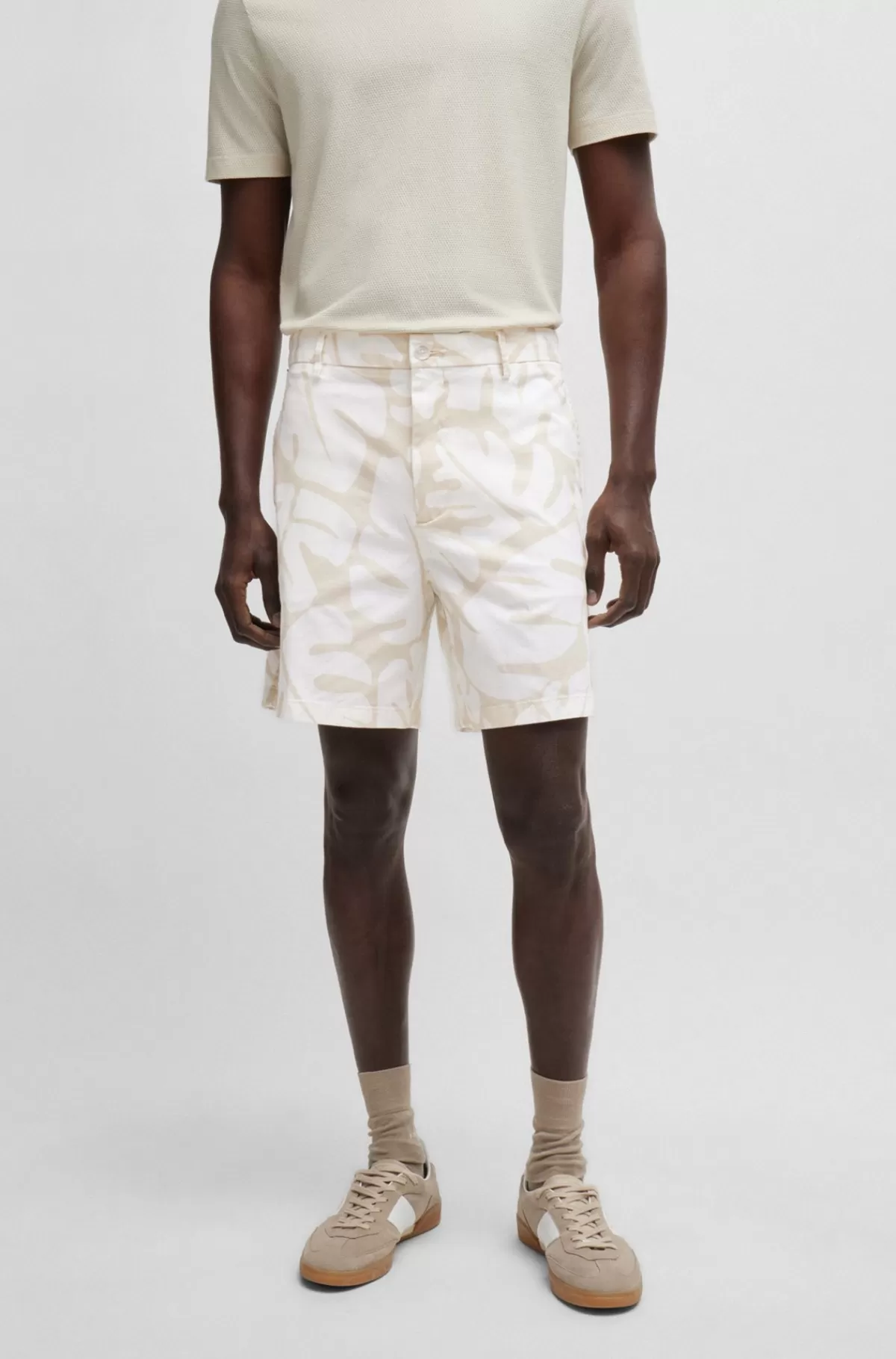 HUGO BOSS Regular Fit Shorts I Printet Bomuldstwill Med Stræk Hvid Hot