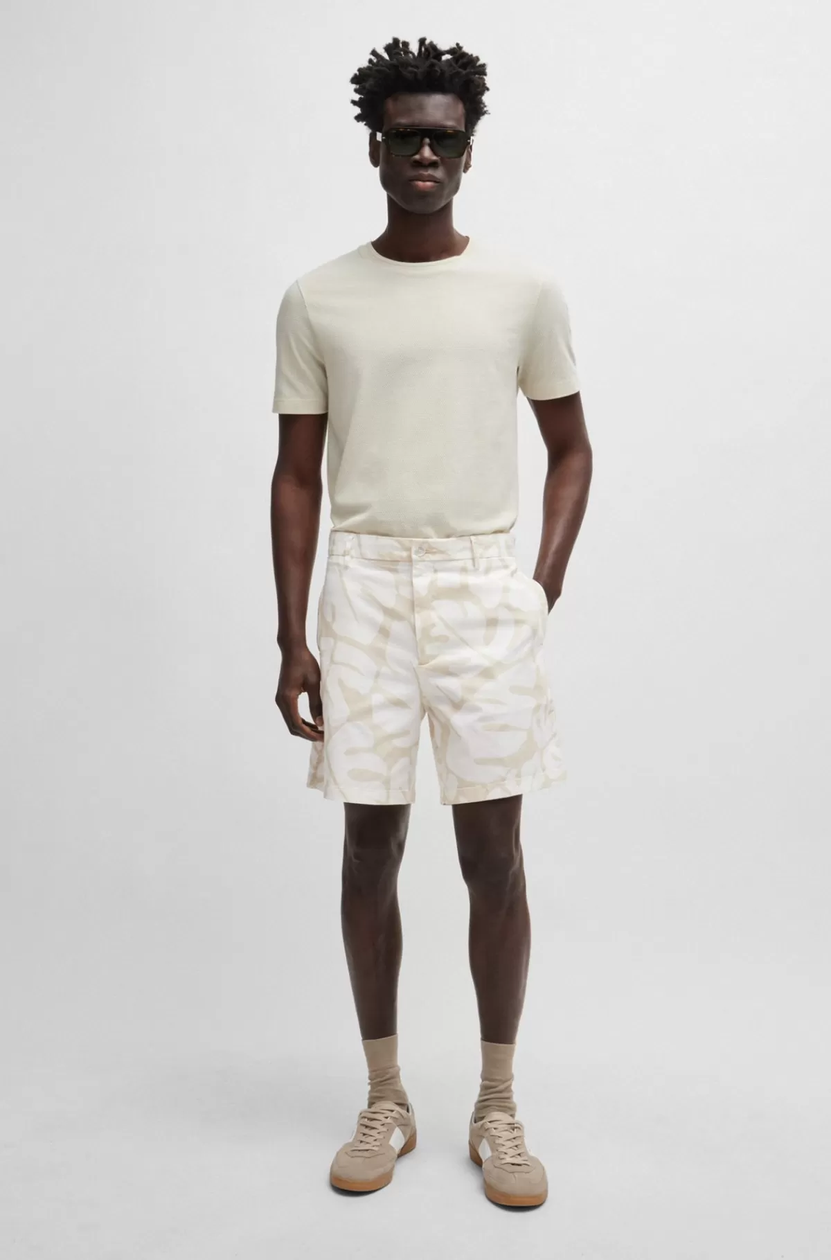 HUGO BOSS Regular Fit Shorts I Printet Bomuldstwill Med Stræk Hvid Hot