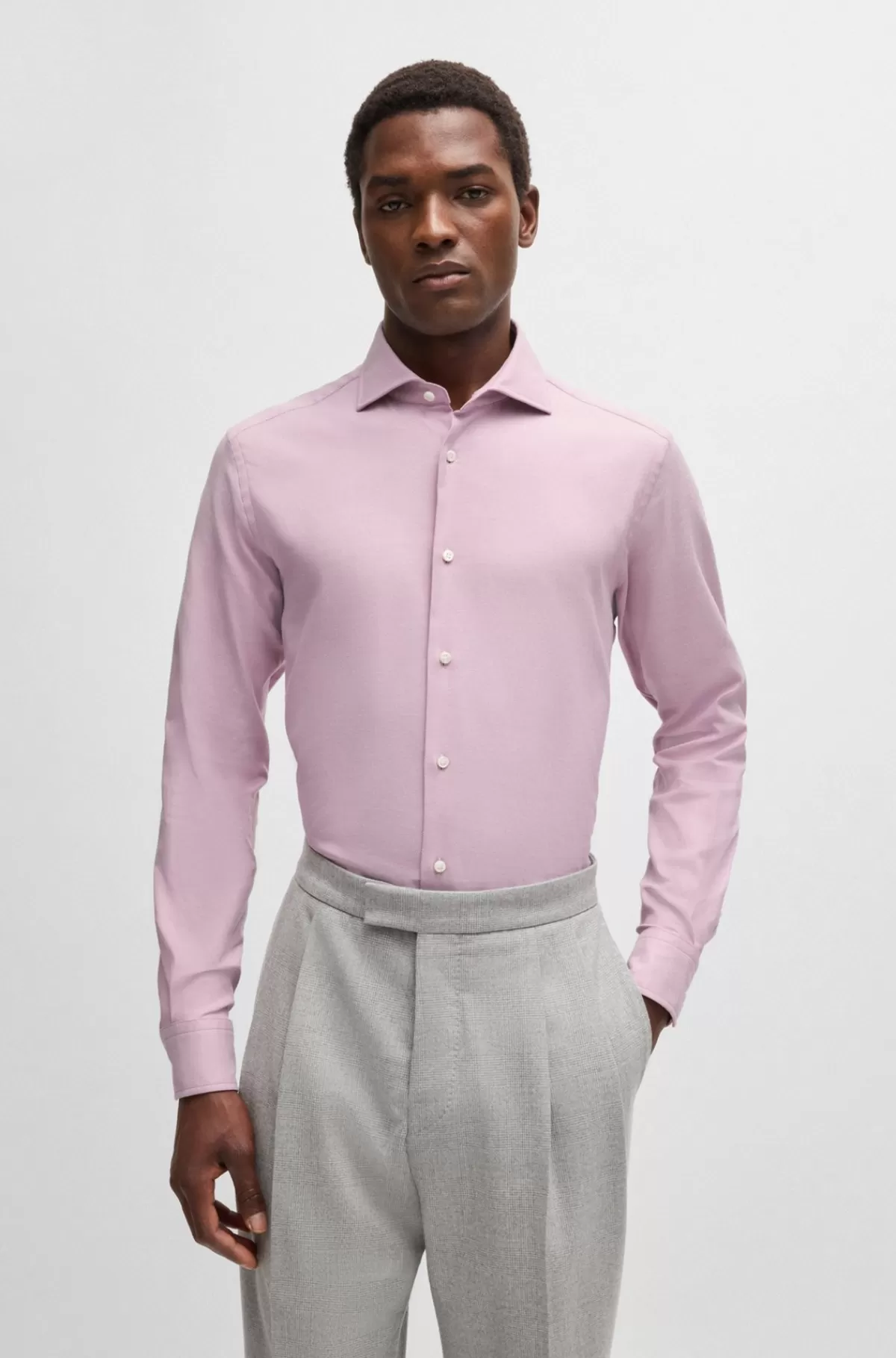 HUGO BOSS Regular Fit Skjorte I Bomuld Med Stræk Og Diagonale Striber Lys pink Outlet