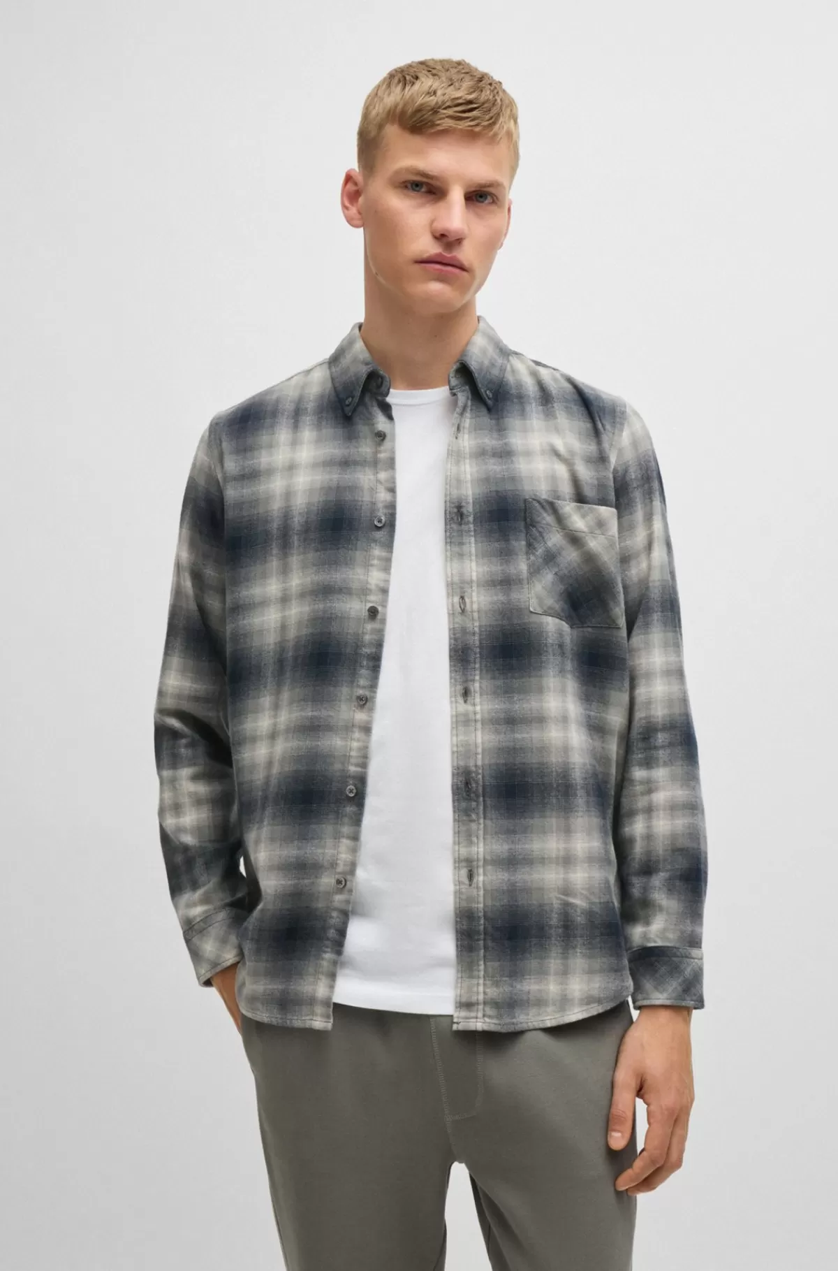HUGO BOSS Regular Fit Skjorte I Bomuldsflannel Lysegrå Online