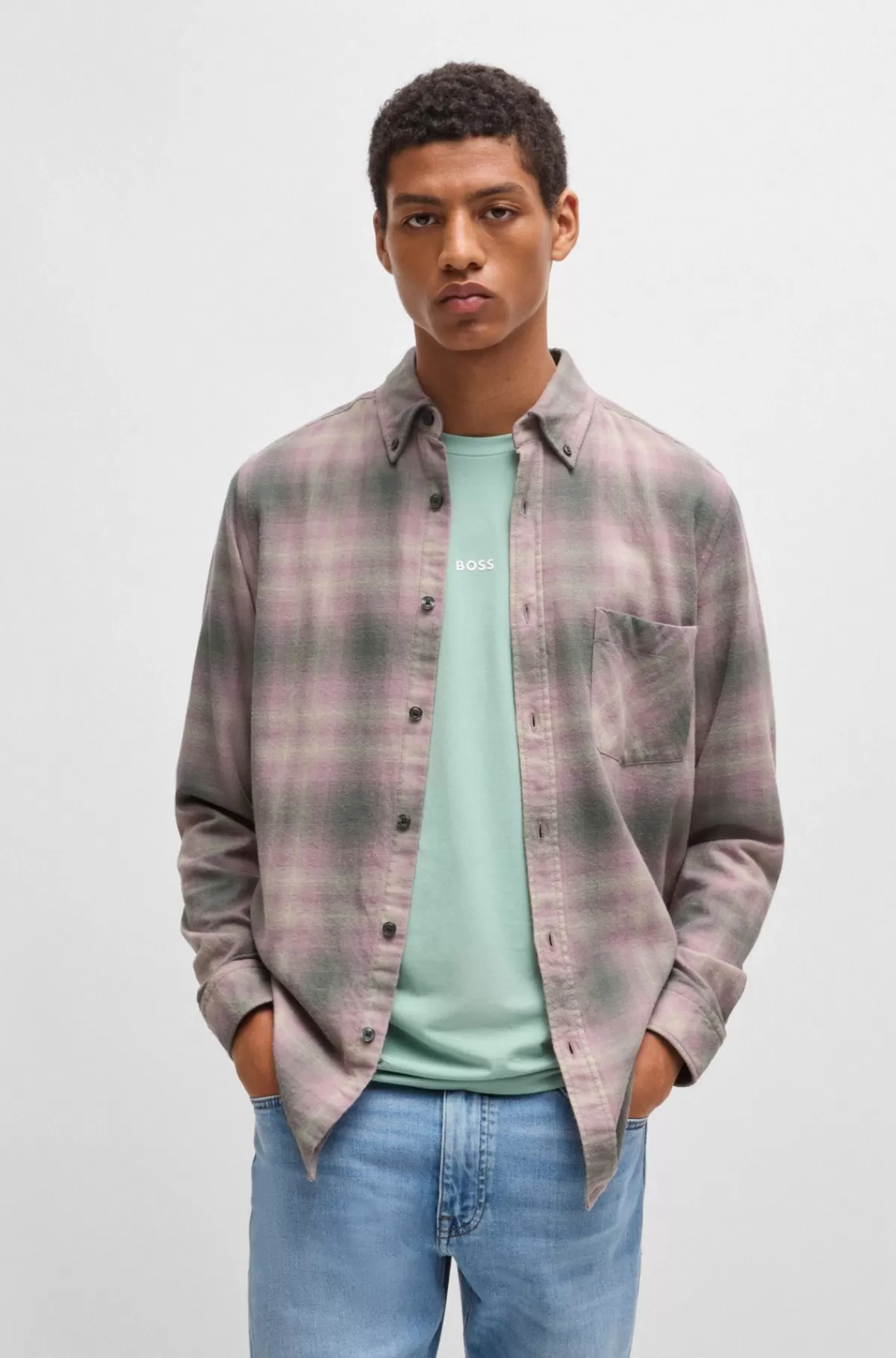 HUGO BOSS Regular Fit Skjorte I Bomuldsflannel Lyslilla Best Sale