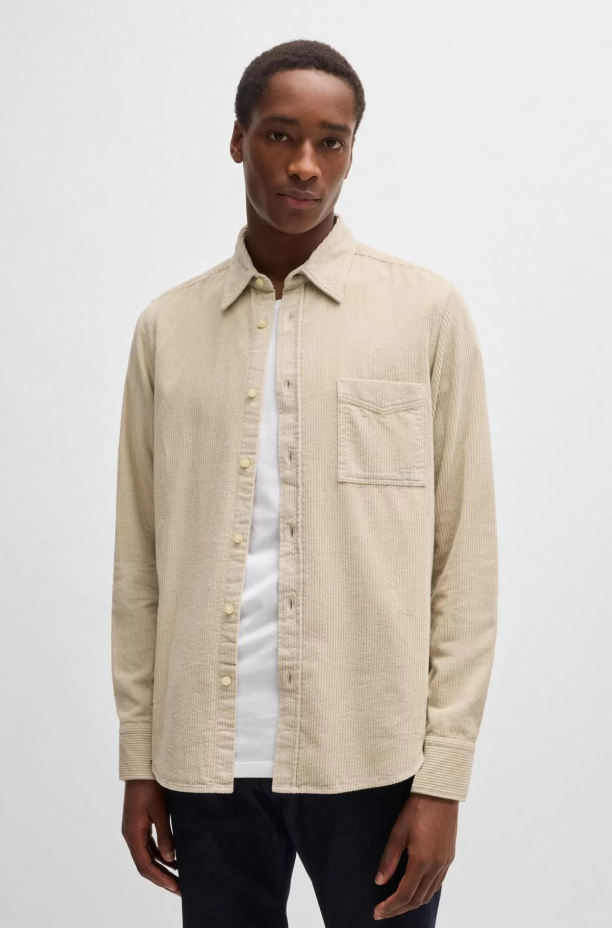 HUGO BOSS Regular Fit Skjorte I Bomuldsfløjl Med Påsyet Lomme Lys beige Hot