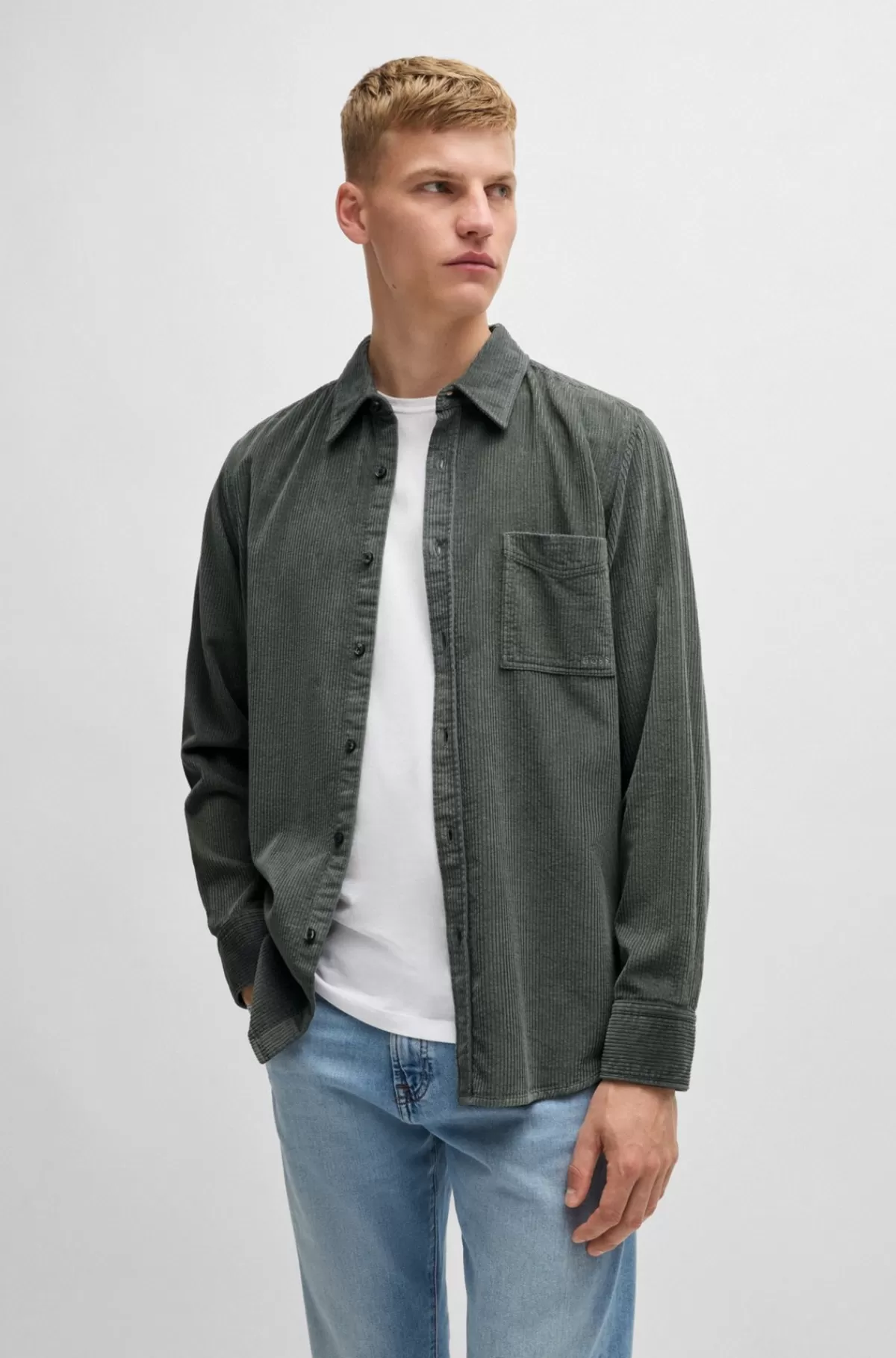 HUGO BOSS Regular Fit Skjorte I Bomuldsfløjl Med Påsyet Lomme Grå Cheap