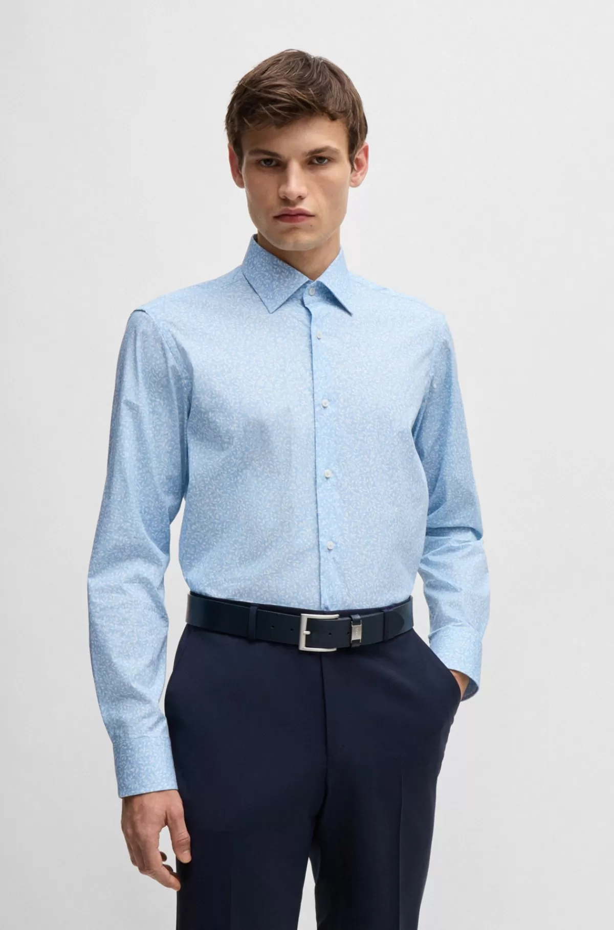 HUGO BOSS Regular Fit Skjorte I Printet Bomuldspoplin Med Stræk Lyseblå Clearance
