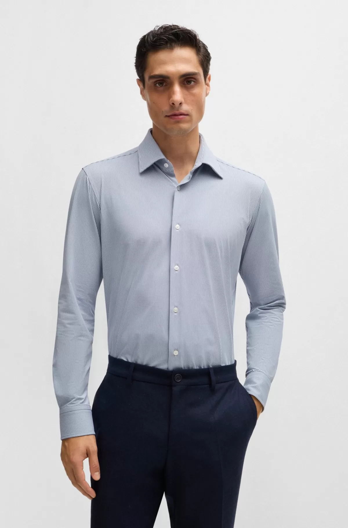 HUGO BOSS Regular Fit Skjorte I Struktureret Stof Med Performance-stræk Mørkeblå Shop