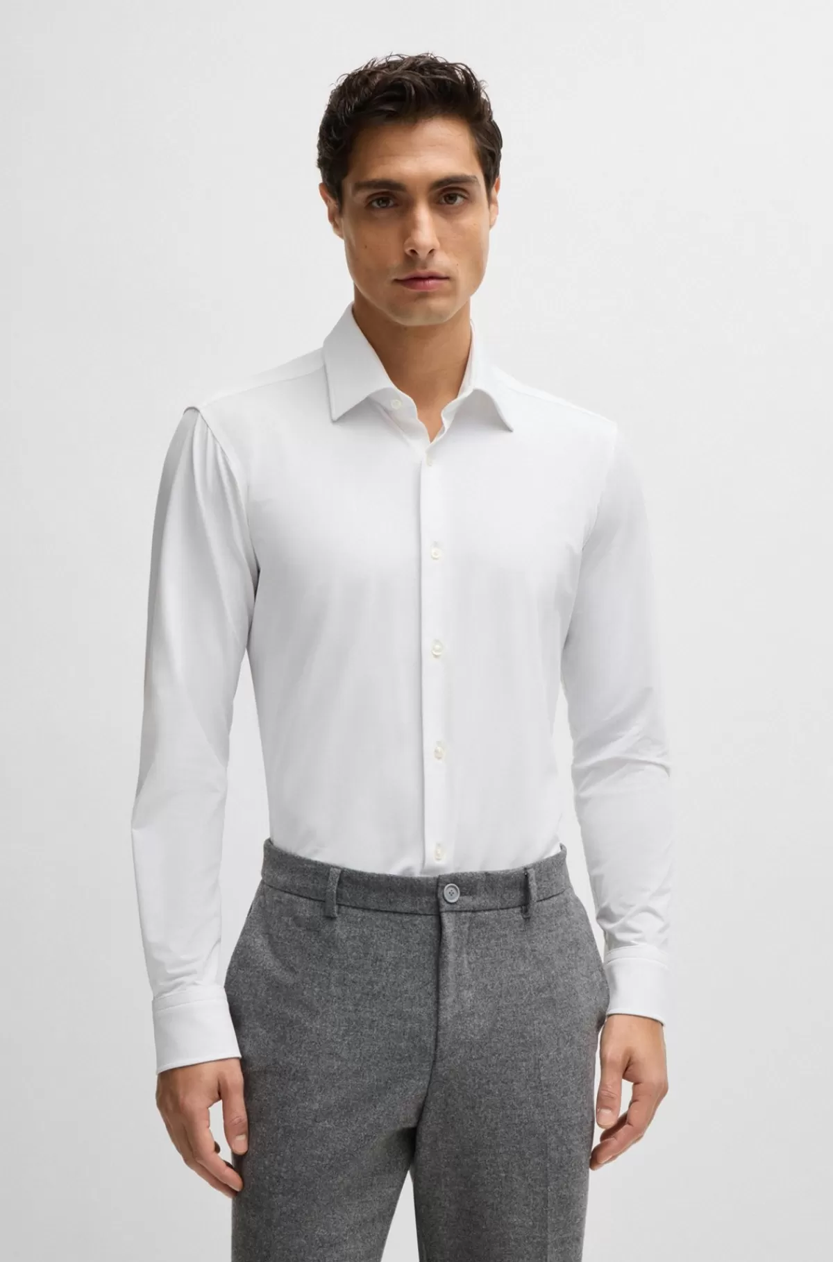 HUGO BOSS Regular Fit Skjorte I Struktureret Stof Med Performance-stræk Hvid Online