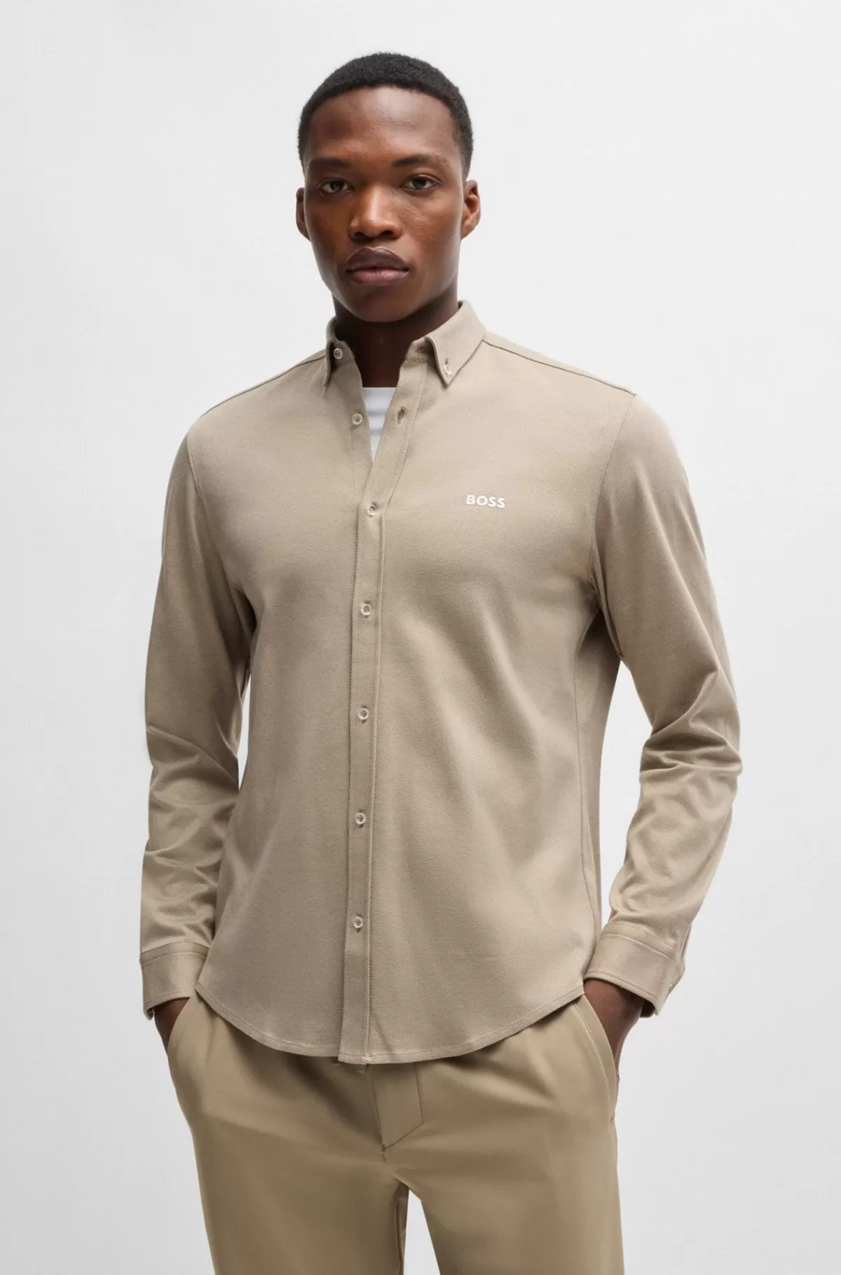 HUGO BOSS Regular Fit Skjorte I Strygelet Bomuld Beige Store