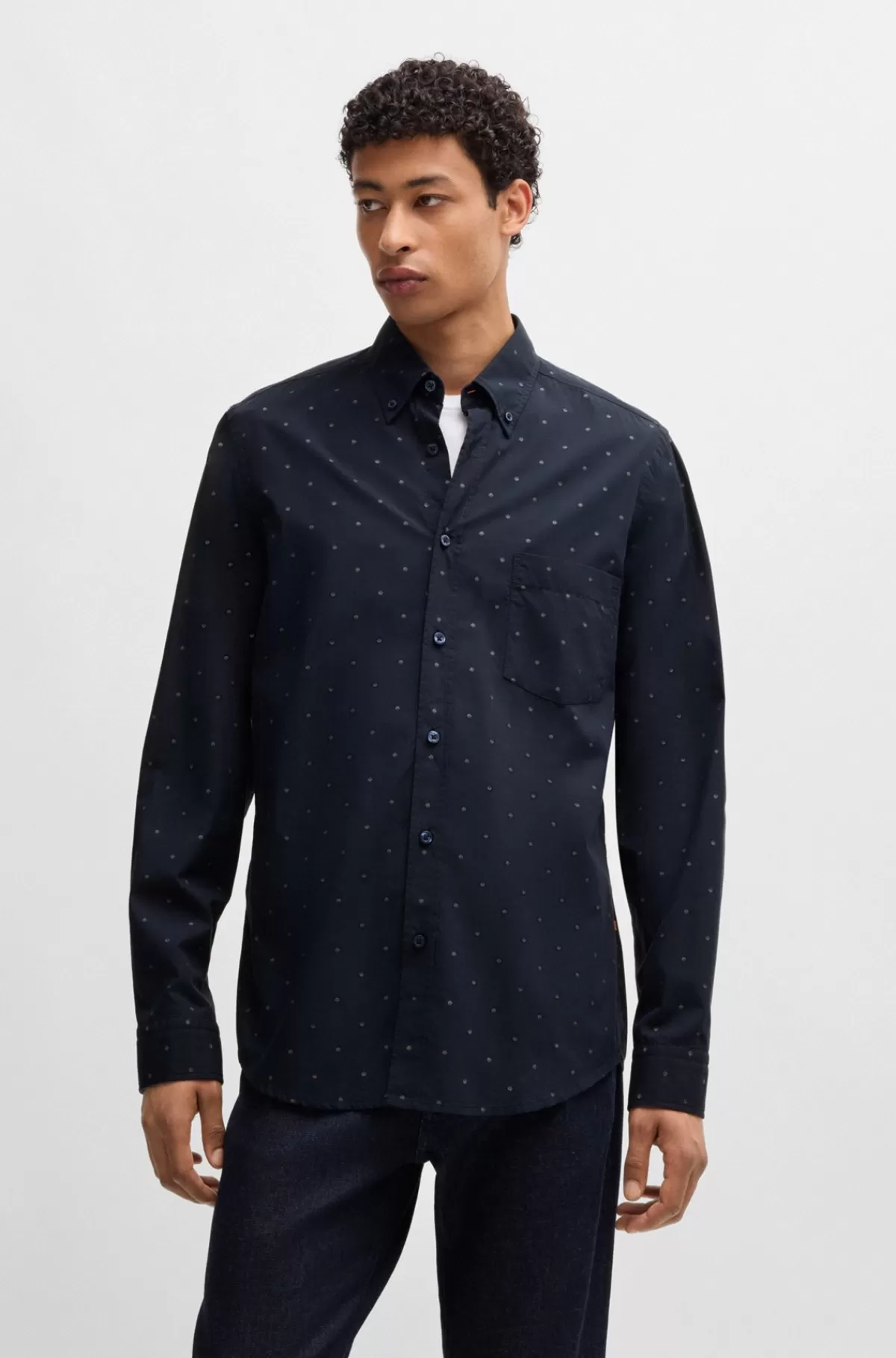 HUGO BOSS Regular Fit Skjorte Med Afslappet Krave Mørkeblå Hot