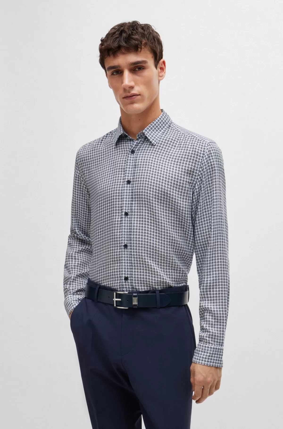 HUGO BOSS Regular Fit Skjorte Med Printet Chambray Lyseblå Online