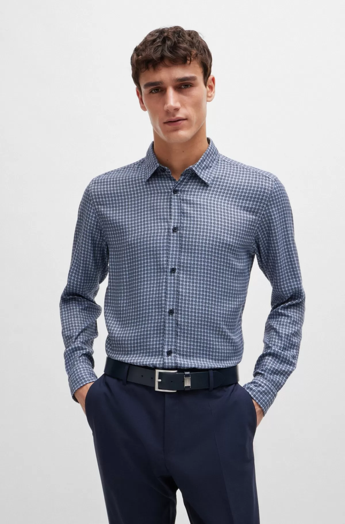 HUGO BOSS Regular Fit Skjorte Med Printet Chambray Mørkeblå Outlet