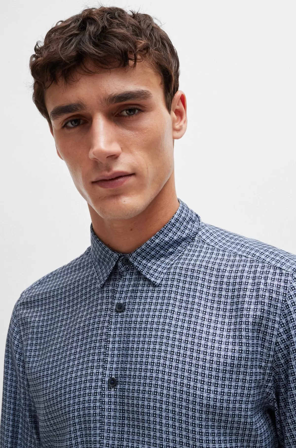 HUGO BOSS Regular Fit Skjorte Med Printet Chambray Mørkeblå Outlet