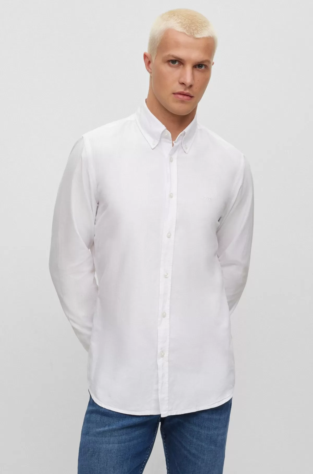 HUGO BOSS Regular Fit Skjortei økologisk Oxford-bomuld Hvid Cheap