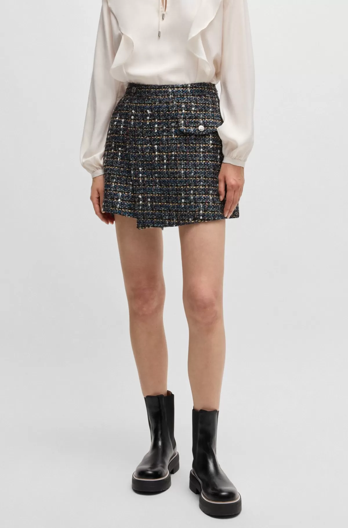 HUGO BOSS Regular Fit Skort Med Slå Om-front I Flerfarvet Tweed Mønstret Cheap
