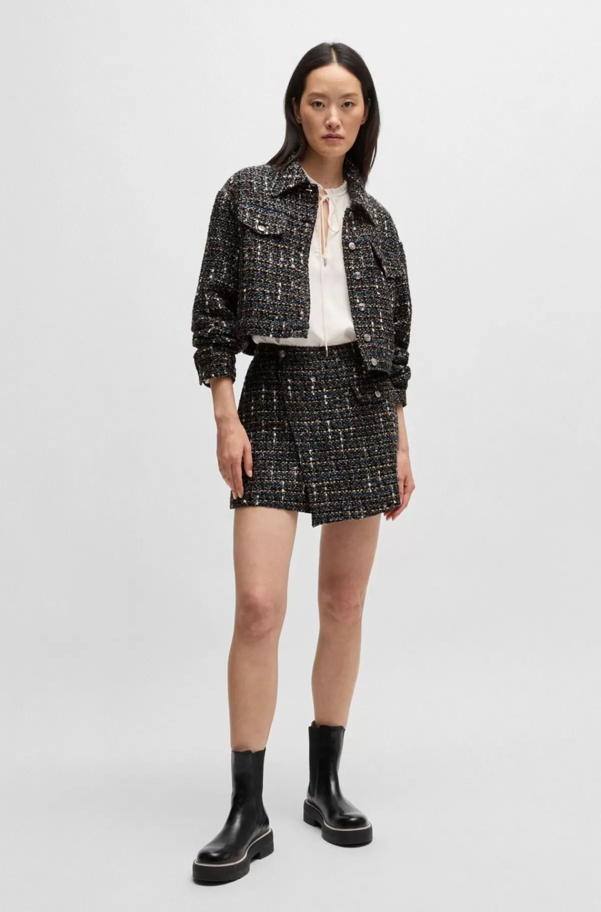 HUGO BOSS Regular Fit Skort Med Slå Om-front I Flerfarvet Tweed Mønstret Cheap
