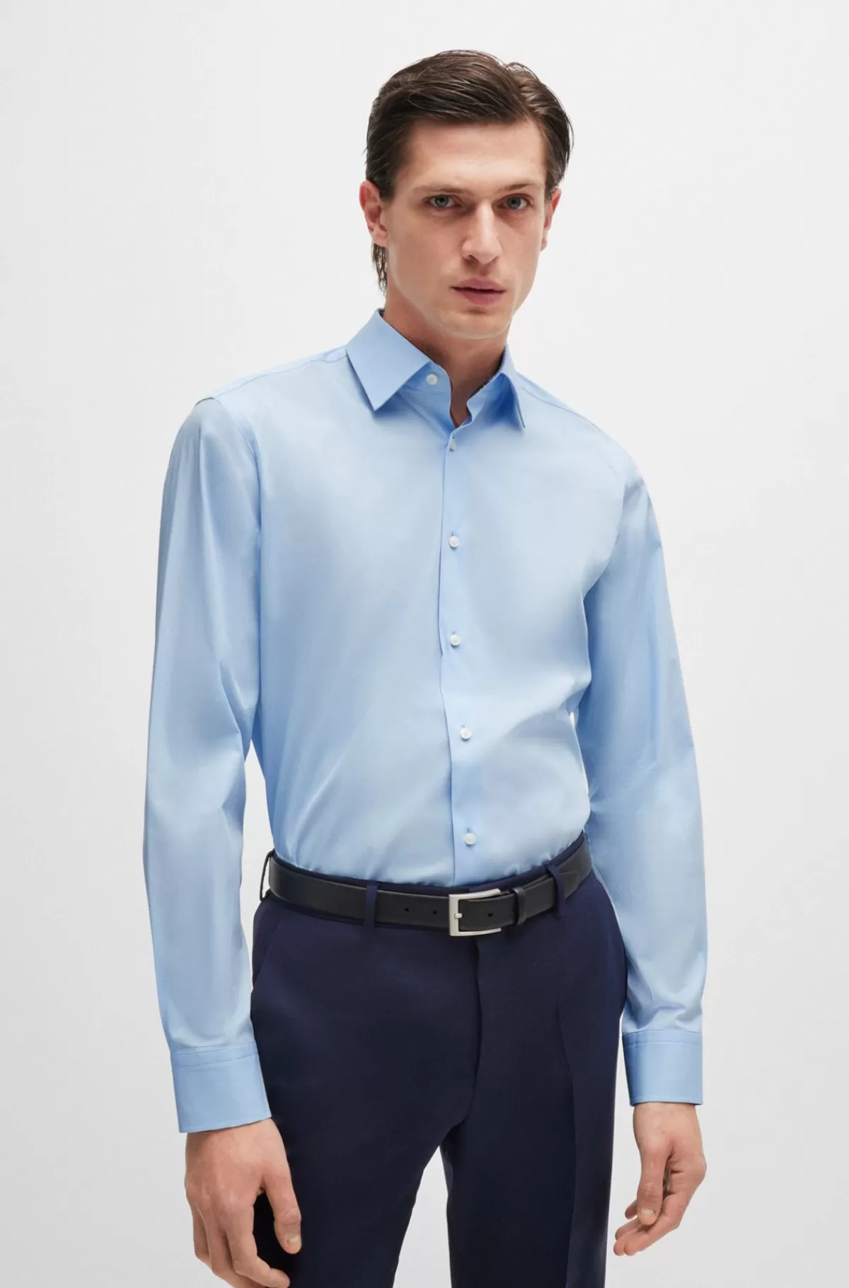 HUGO BOSS Regular Fit Strygelet Skjorte I Bomuldspoplin Med Stræk Lyseblå Sale