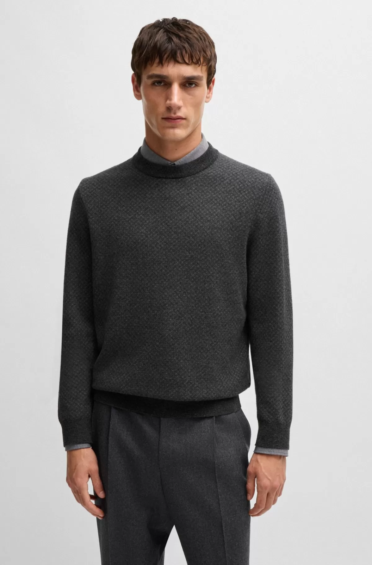 HUGO BOSS Regular Fit Sweater Af Ny Uld Og Bomuld Mørkegrå Flash Sale