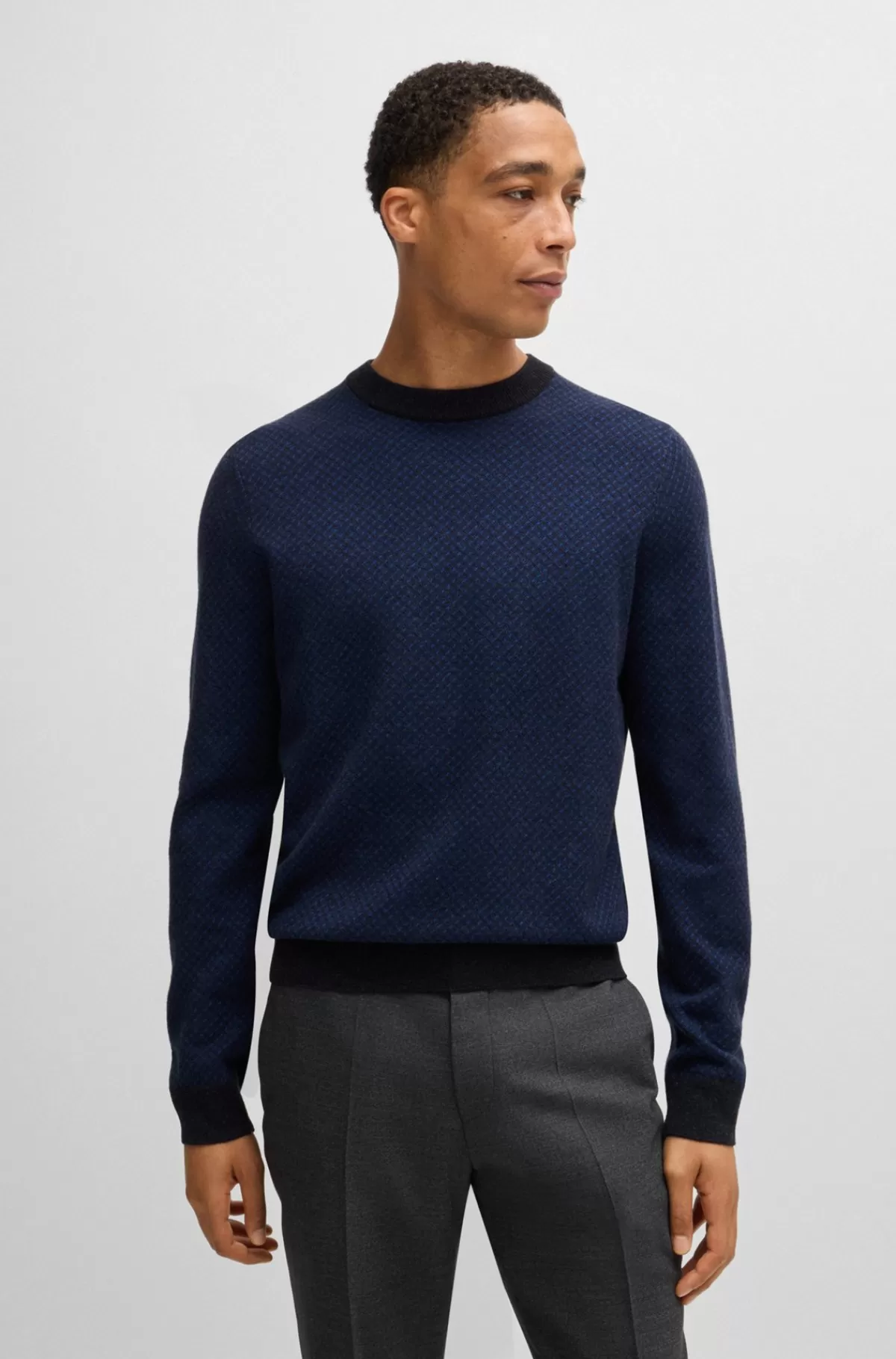 HUGO BOSS Regular Fit Sweater Af Ny Uld Og Bomuld Mørkeblå Best