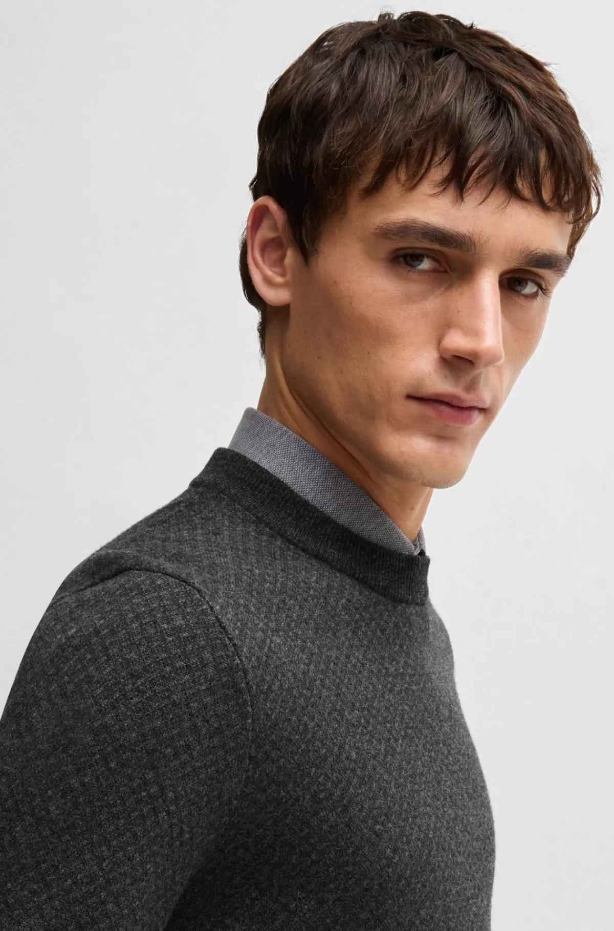 HUGO BOSS Regular Fit Sweater Af Ny Uld Og Bomuld Mørkegrå Flash Sale