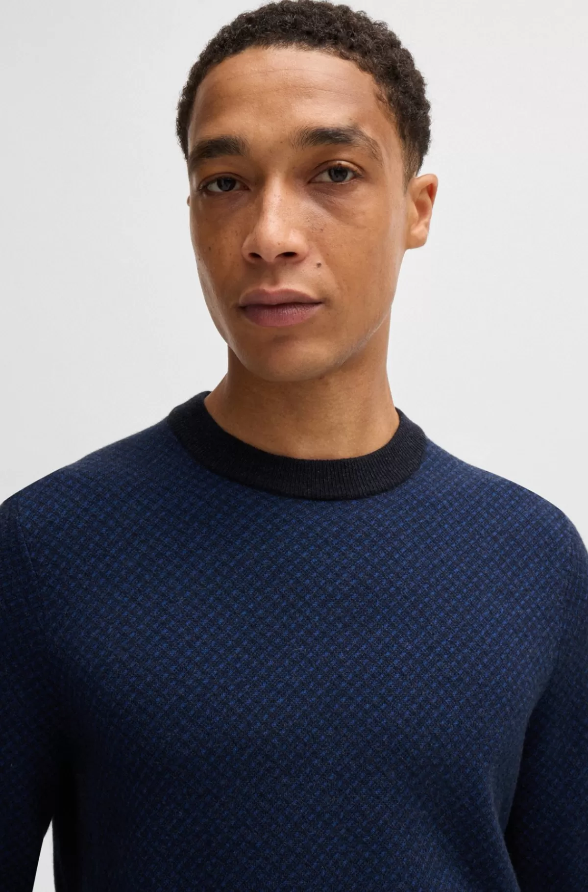 HUGO BOSS Regular Fit Sweater Af Ny Uld Og Bomuld Mørkeblå Best