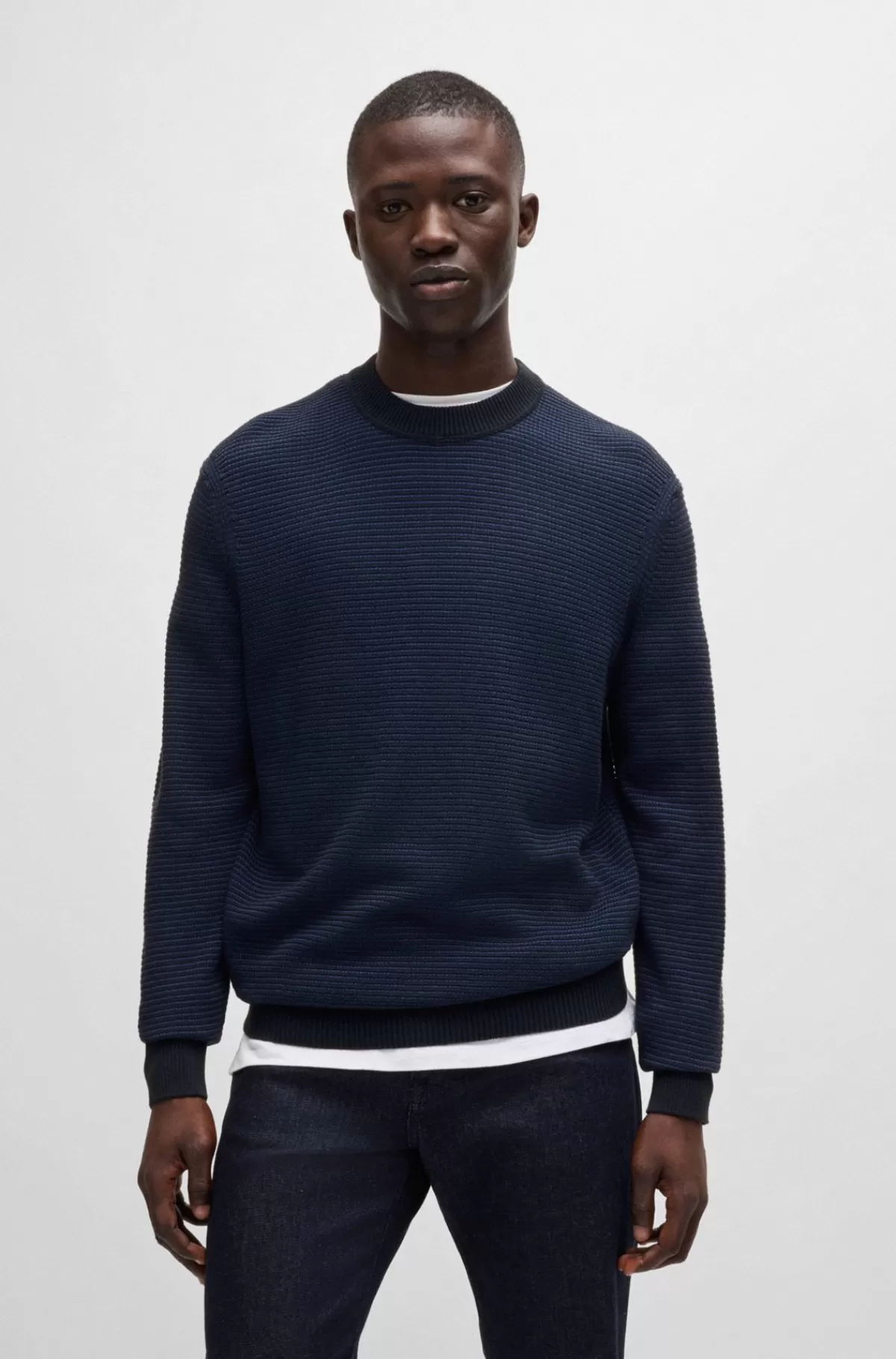 HUGO BOSS Regular Fit Sweater I En Bomuldsblanding I To Farvetoner Mørkeblå Best Sale