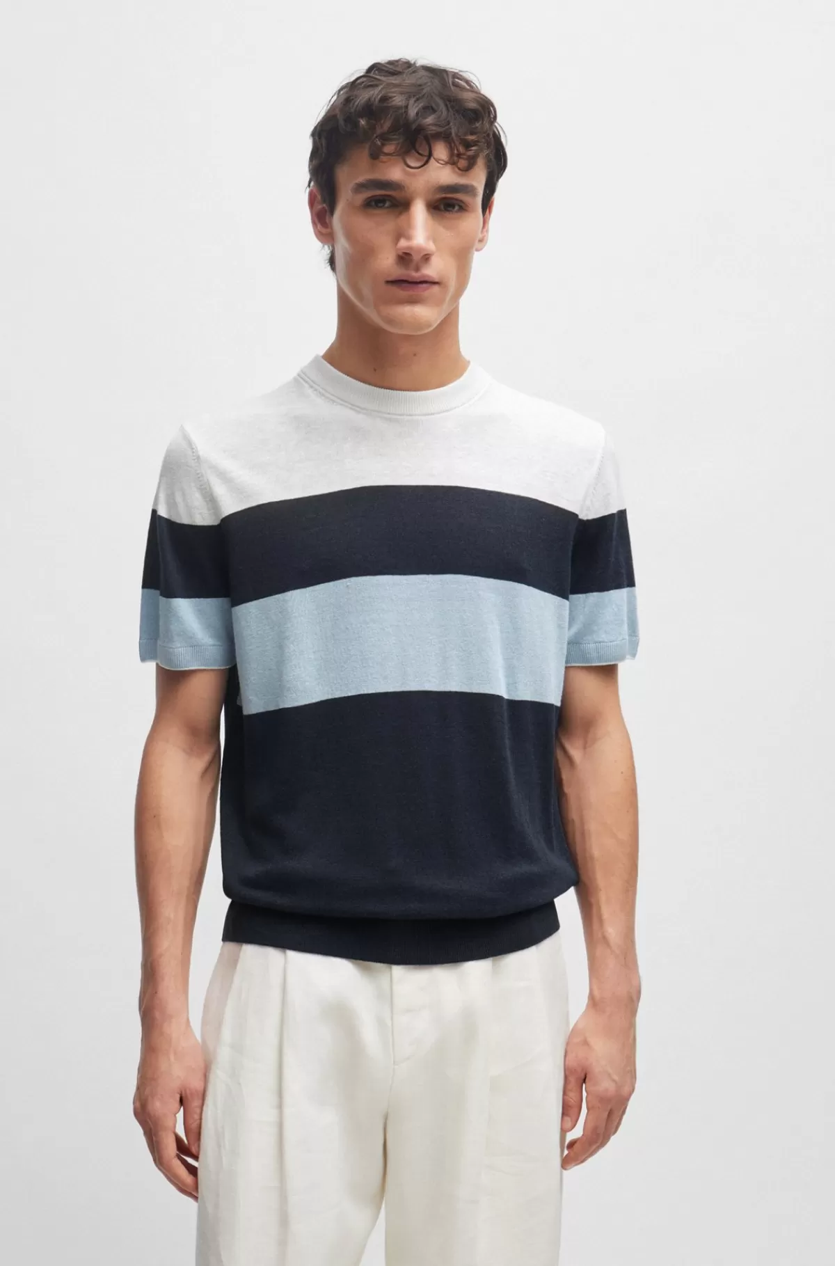 HUGO BOSS Regular Fit Sweater I Hørblanding Med Stribe Ved Sømkanter Mørkeblå Hot
