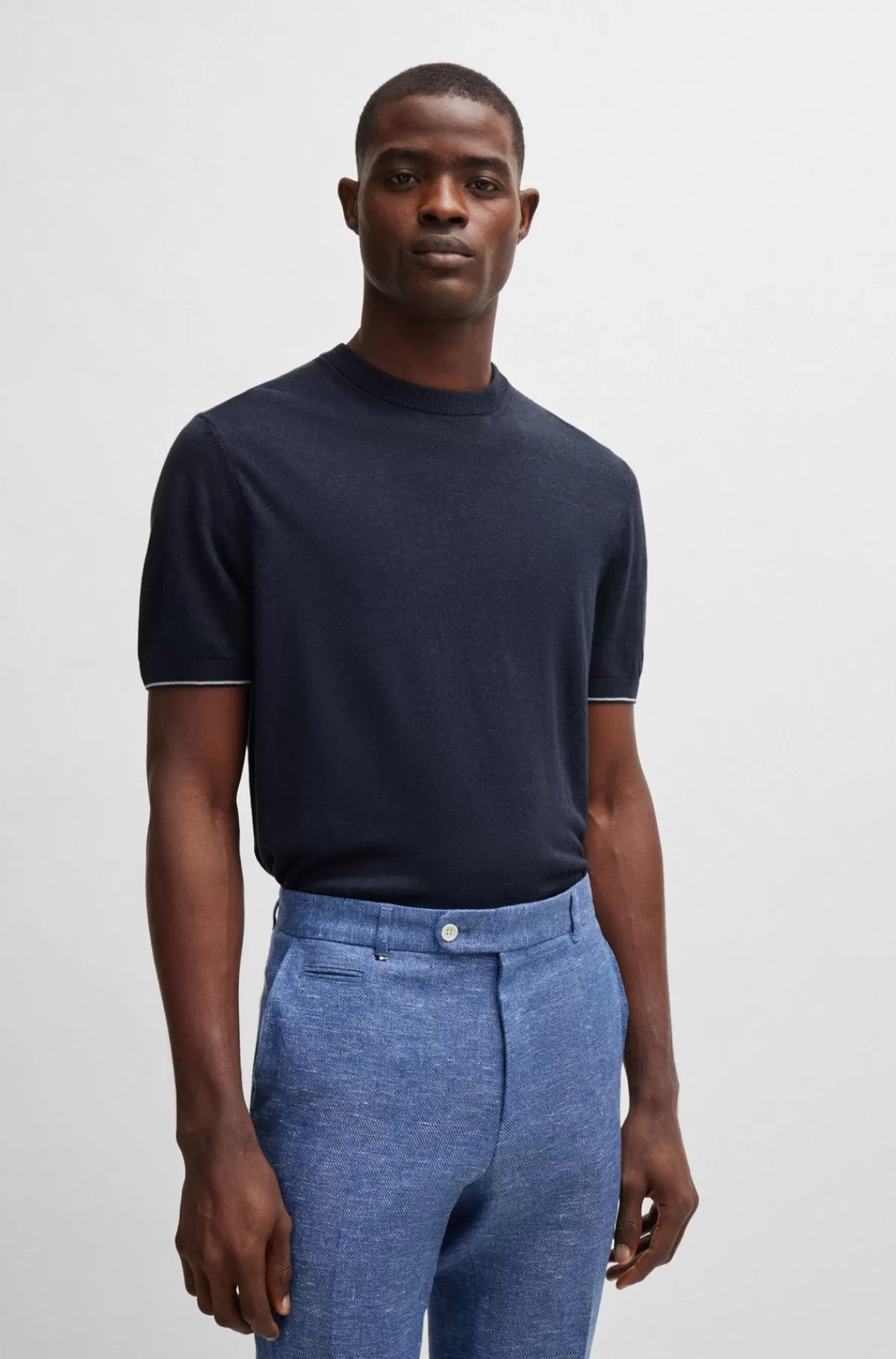 HUGO BOSS Regular Fit Sweater I Hørblanding Med Stribe Ved Sømkanter Mørkeblå Discount