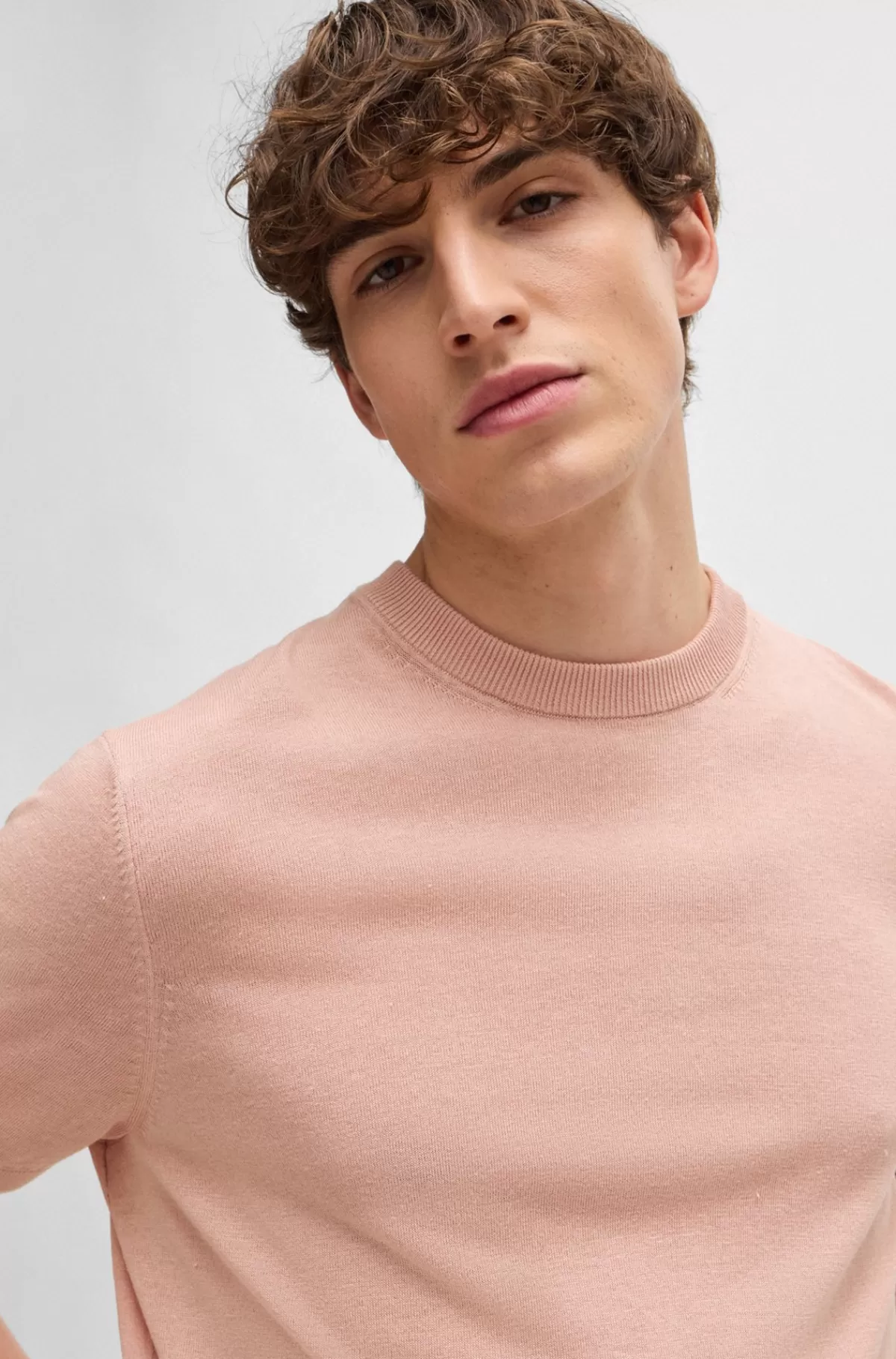HUGO BOSS Regular Fit Sweater I Hørblanding Med Stribe Ved Sømkanter Lys pink Outlet