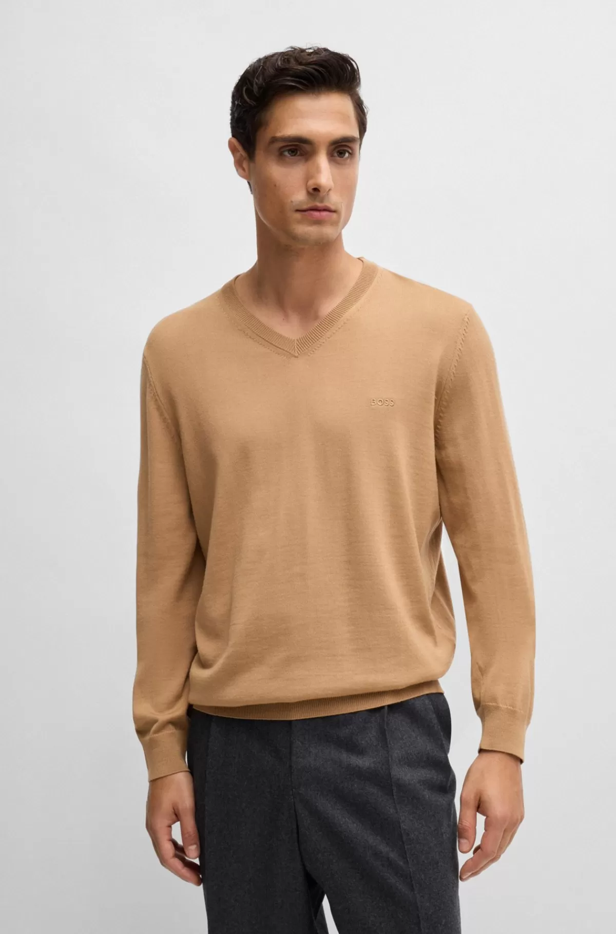 HUGO BOSS Regular Fit Sweater I Ny Uld Med Broderet Logo Beige Hot