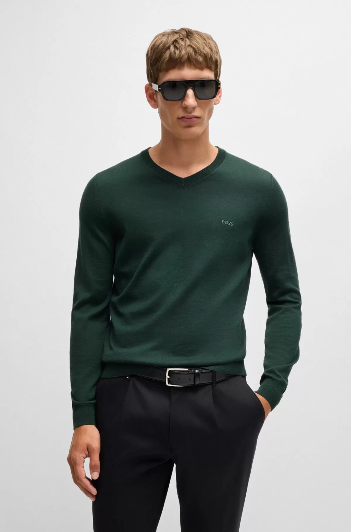 HUGO BOSS Regular Fit Sweater I Ny Uld Med Broderet Logo Mørkegrøn Clearance