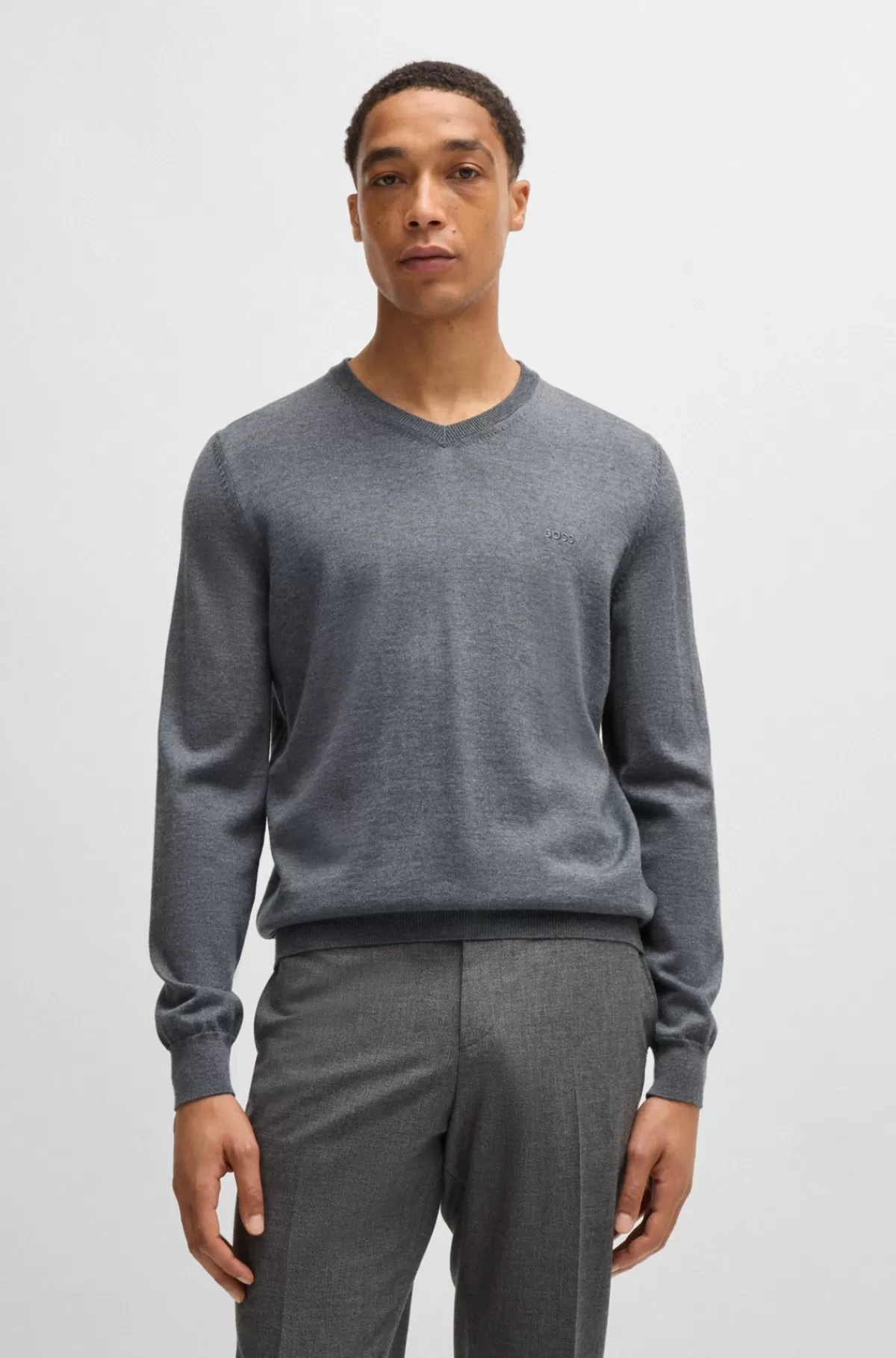 HUGO BOSS Regular Fit Sweater I Ny Uld Med Broderet Logo Grå Hot
