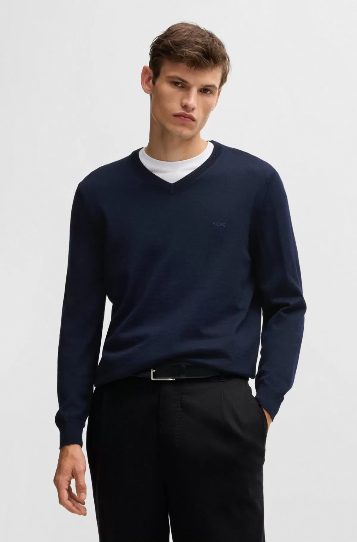 HUGO BOSS Regular Fit Sweater I Ny Uld Med Broderet Logo Mørkeblå Discount
