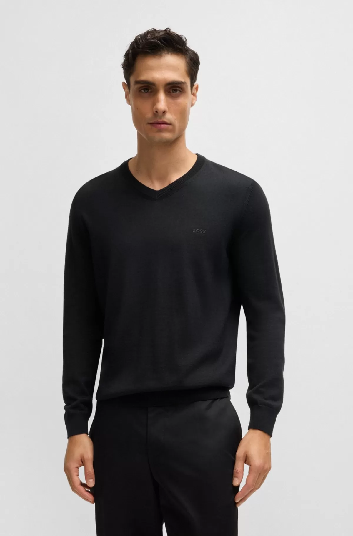 HUGO BOSS Regular Fit Sweater I Ny Uld Med Broderet Logo Sort Fashion