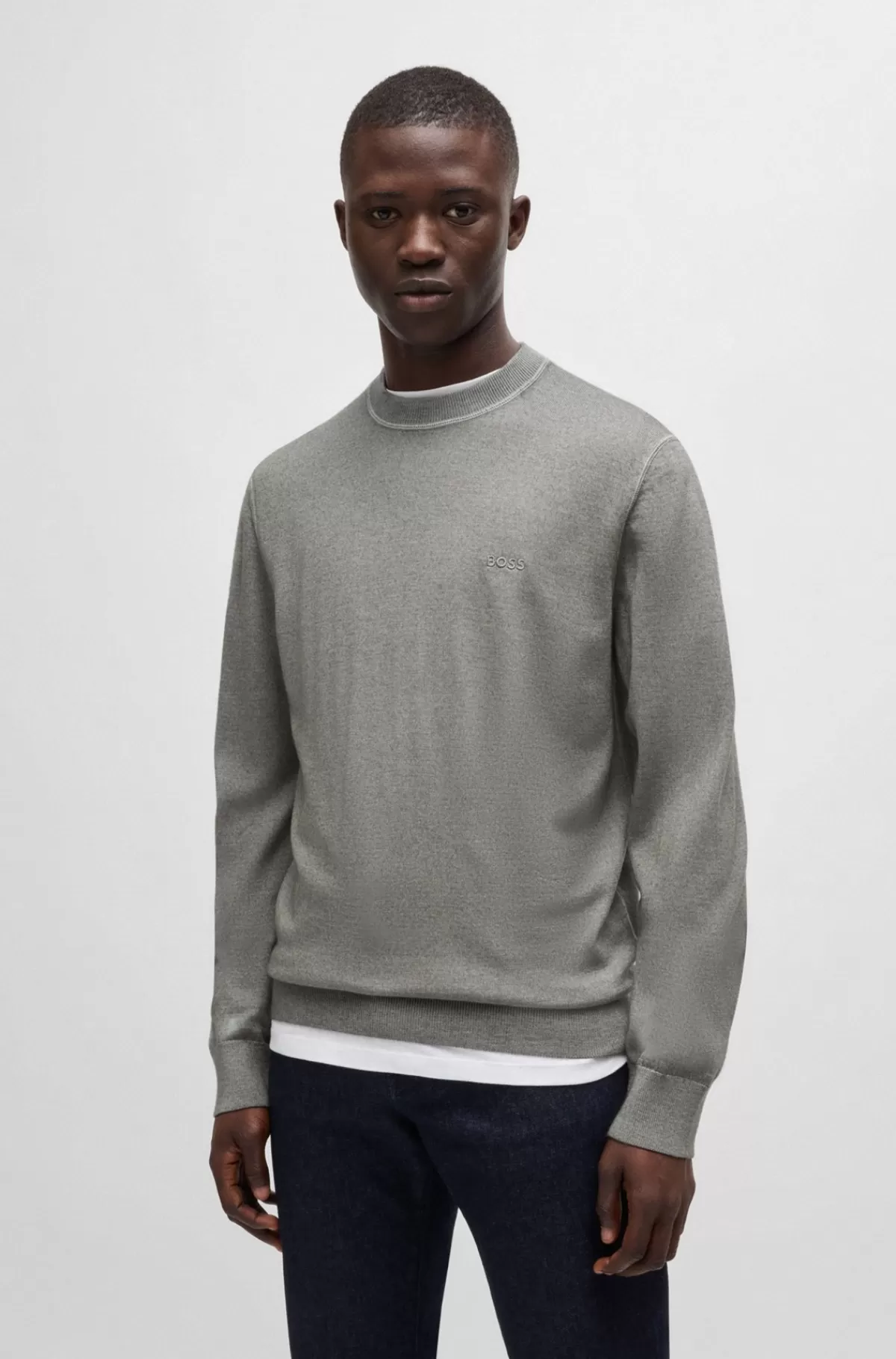 HUGO BOSS Regular Fit Sweater I Ny Uld Med Broderet Logo Grå Discount