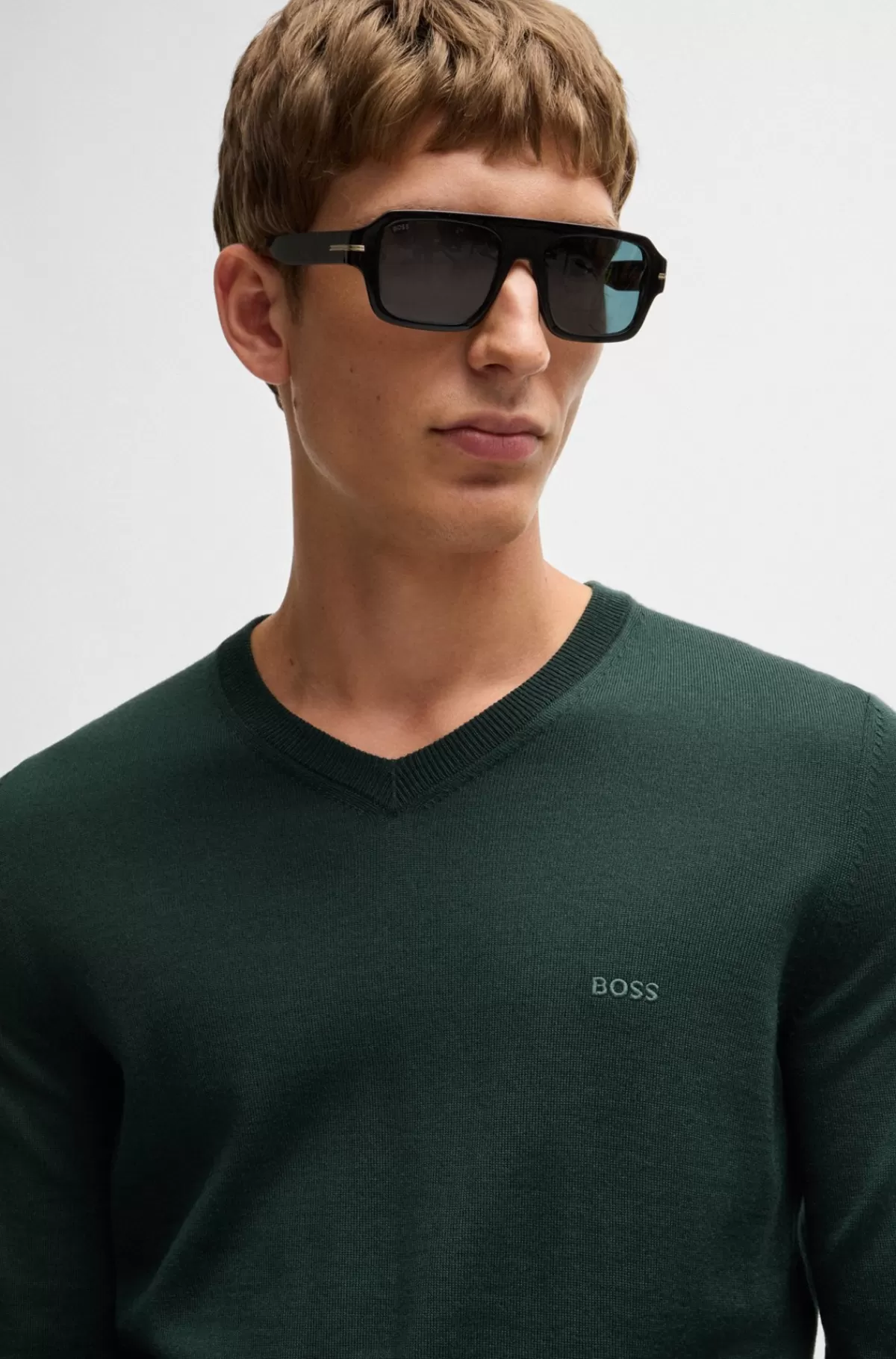 HUGO BOSS Regular Fit Sweater I Ny Uld Med Broderet Logo Mørkegrøn Clearance