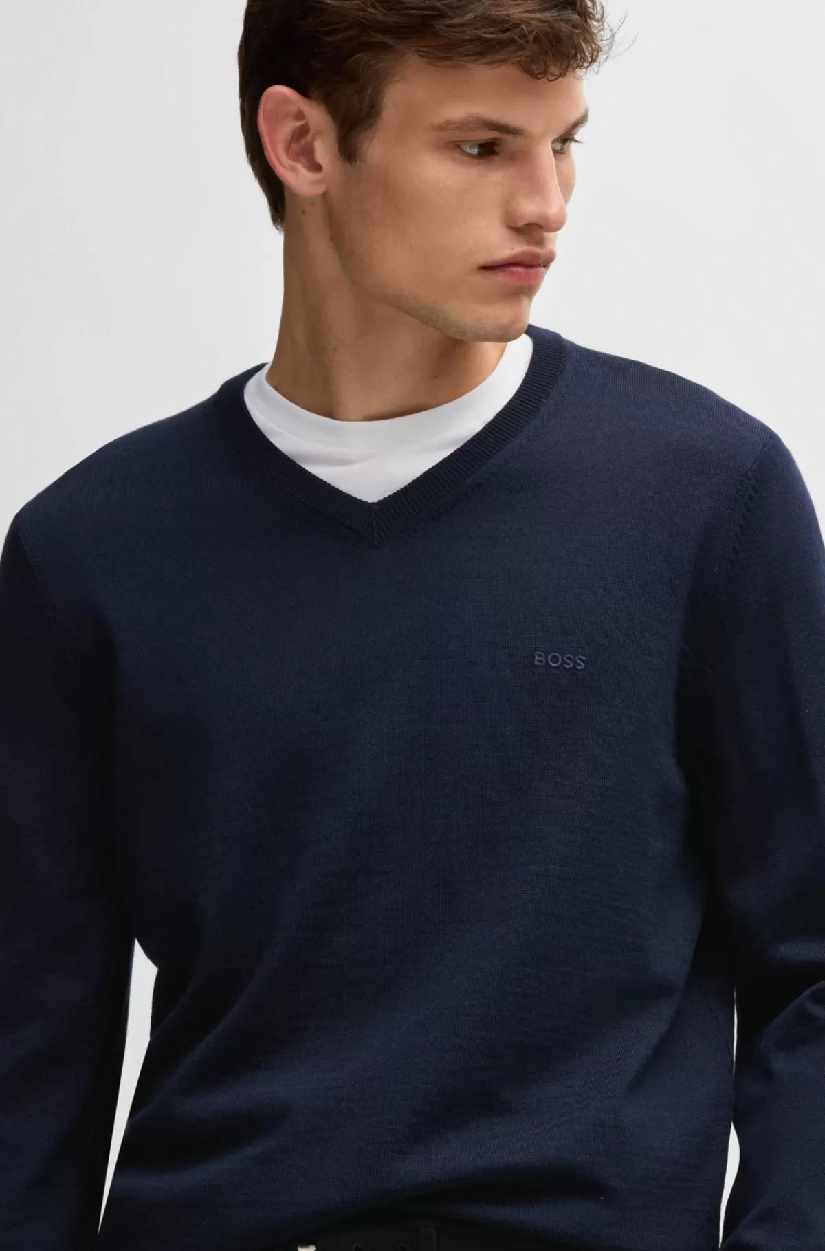 HUGO BOSS Regular Fit Sweater I Ny Uld Med Broderet Logo Mørkeblå Discount