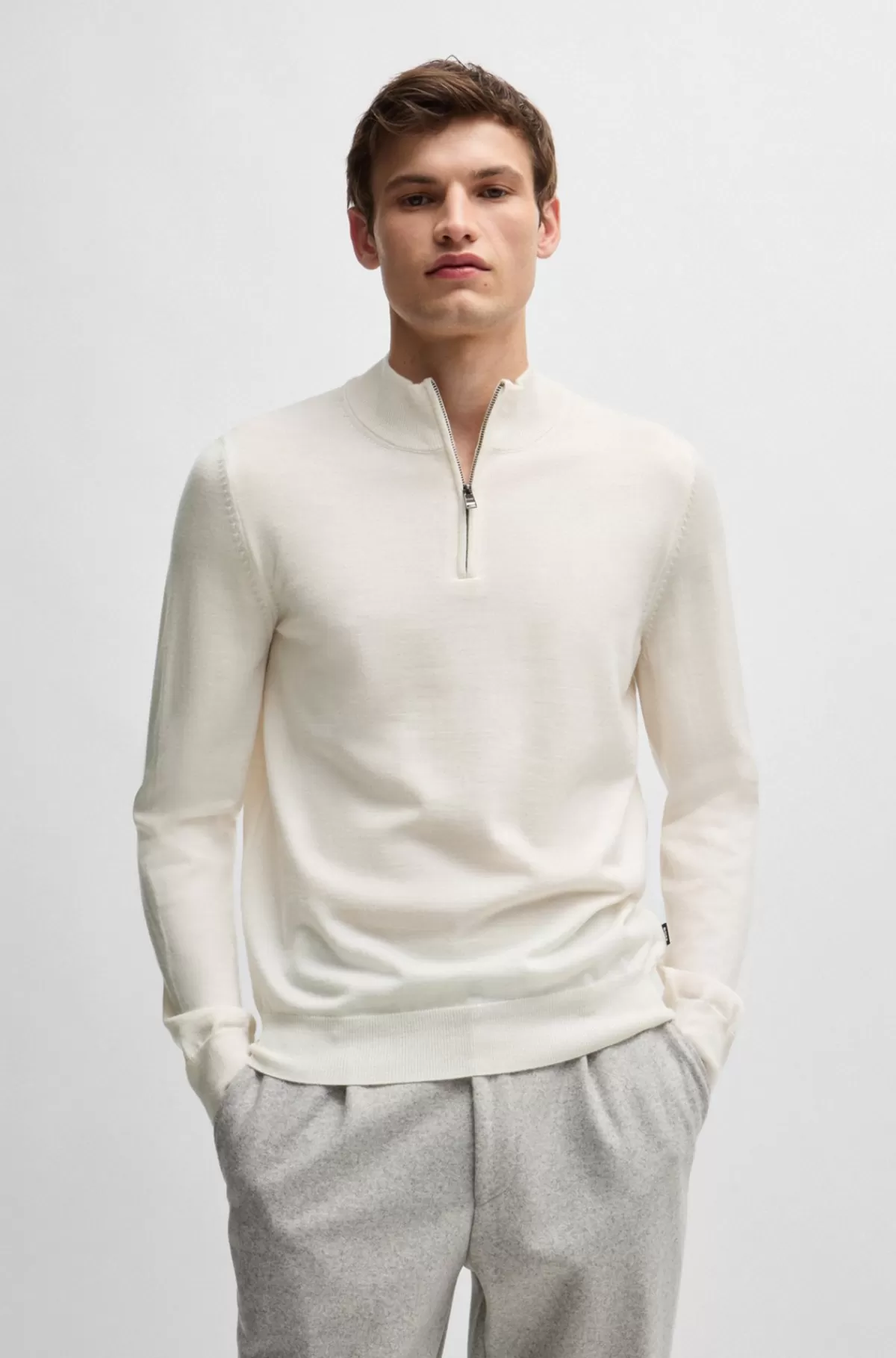 HUGO BOSS Regular Fit Sweater I Ny Uld Med Lynlås I Halsen Hvid Flash Sale