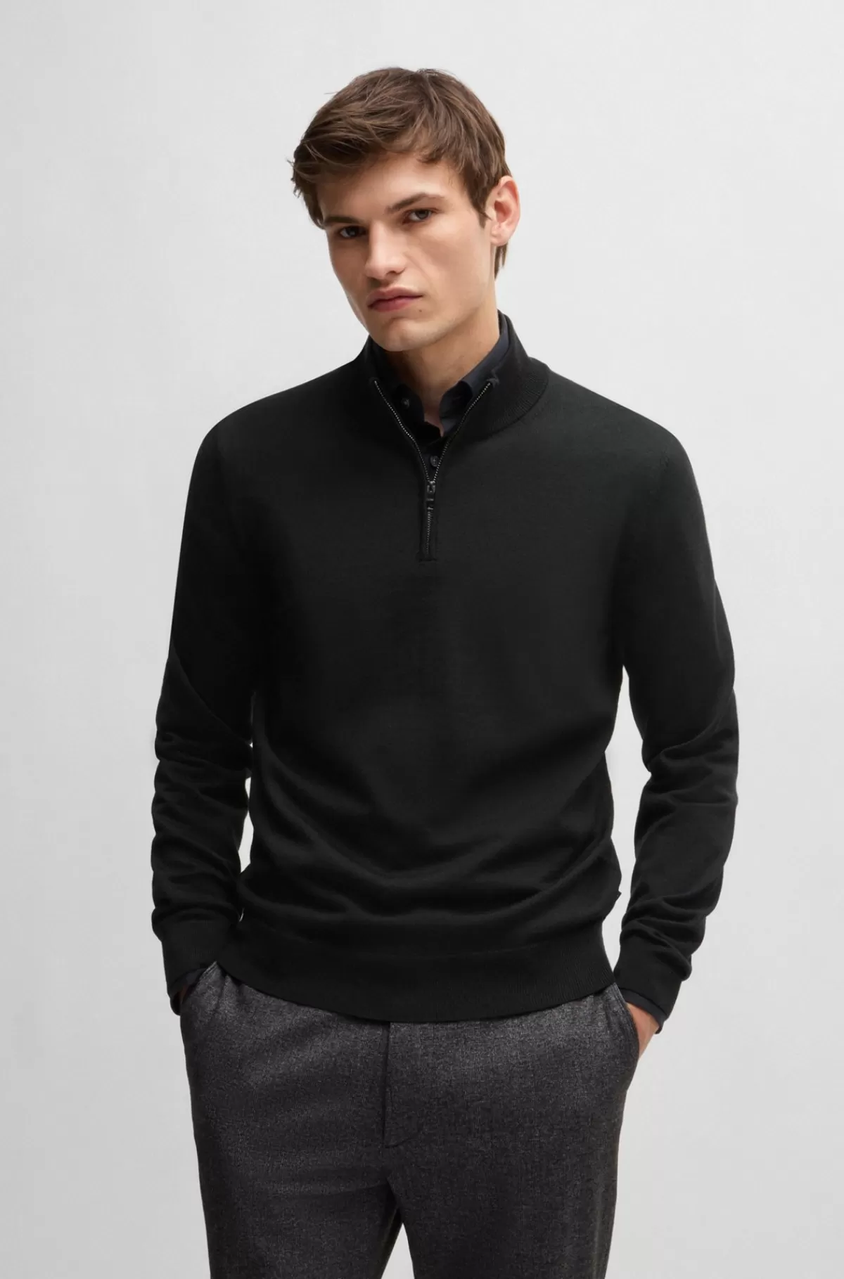 HUGO BOSS Regular Fit Sweater I Ny Uld Med Lynlås I Halsen Sort Sale