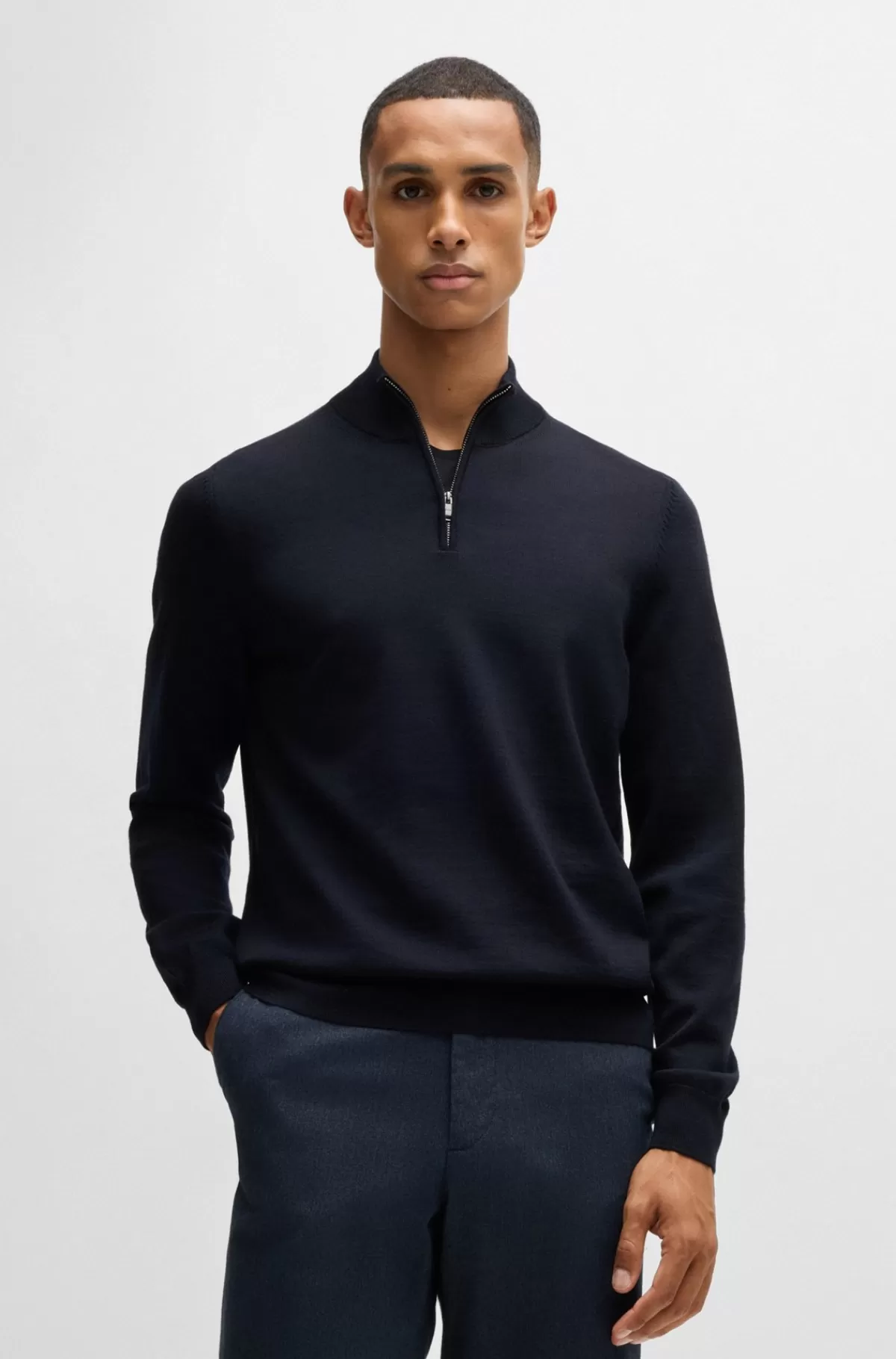 HUGO BOSS Regular Fit Sweater I Ny Uld Med Lynlås I Halsen Mørkeblå Clearance