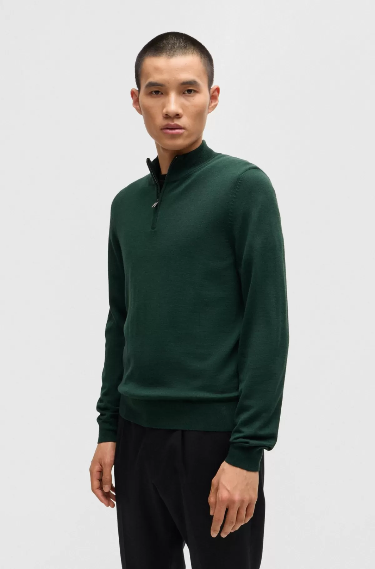 HUGO BOSS Regular Fit Sweater I Ny Uld Med Lynlås I Halsen Mørkegrøn Hot