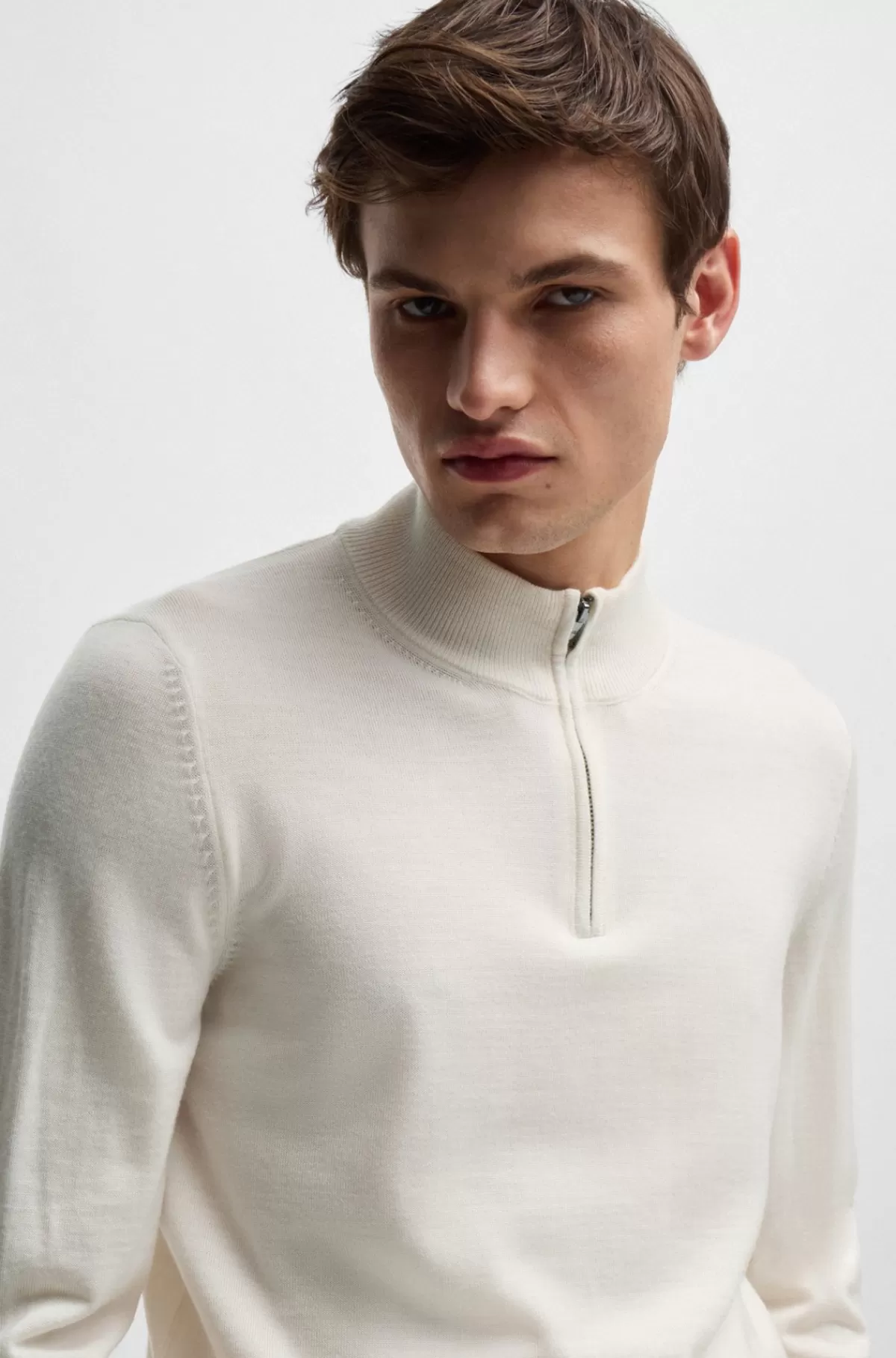 HUGO BOSS Regular Fit Sweater I Ny Uld Med Lynlås I Halsen Hvid Flash Sale