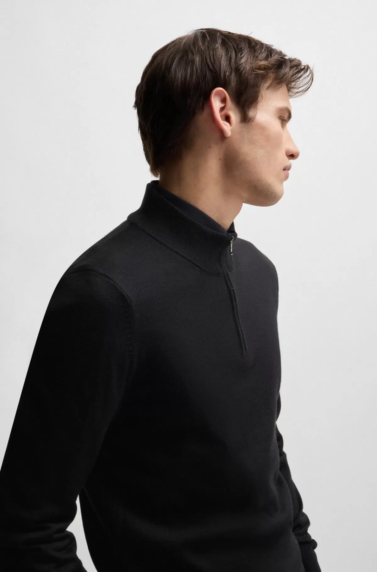 HUGO BOSS Regular Fit Sweater I Ny Uld Med Lynlås I Halsen Sort Sale