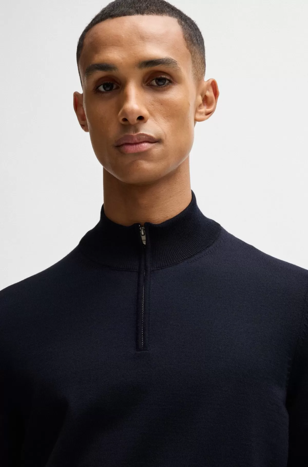 HUGO BOSS Regular Fit Sweater I Ny Uld Med Lynlås I Halsen Mørkeblå Clearance