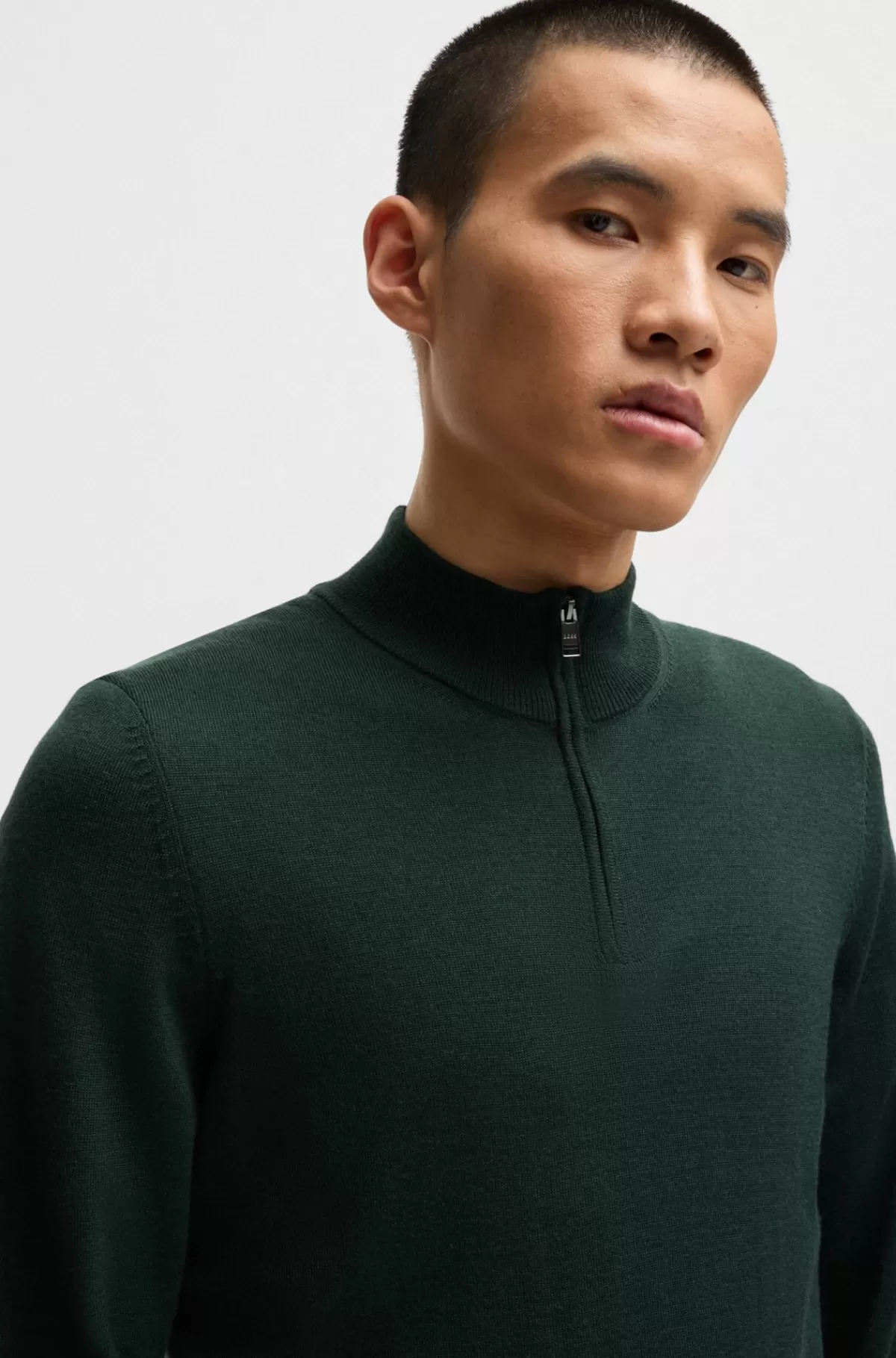 HUGO BOSS Regular Fit Sweater I Ny Uld Med Lynlås I Halsen Mørkegrøn Hot