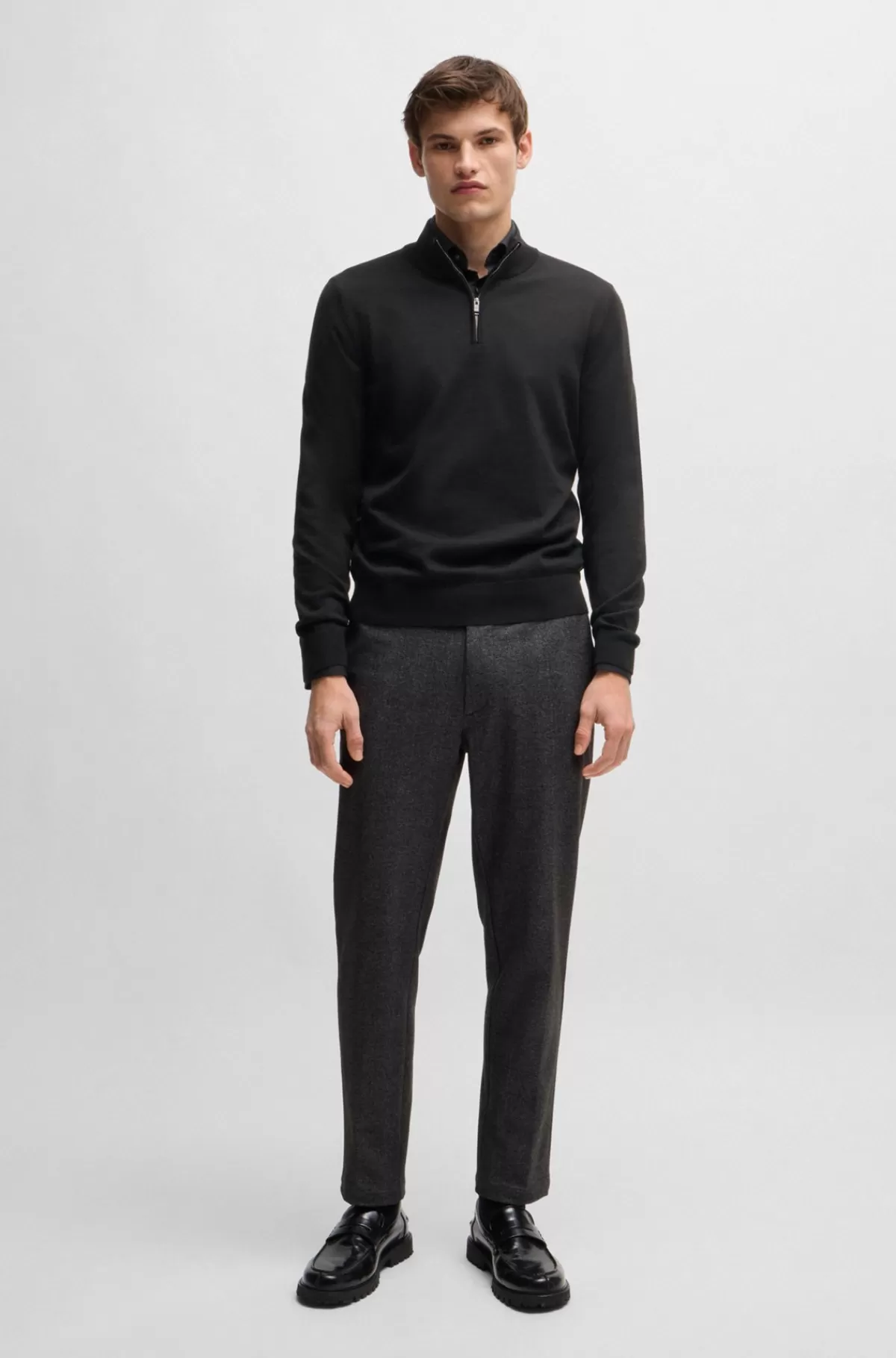 HUGO BOSS Regular Fit Sweater I Ny Uld Med Lynlås I Halsen Sort Sale