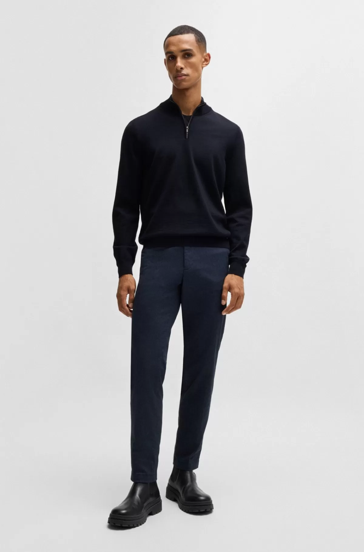 HUGO BOSS Regular Fit Sweater I Ny Uld Med Lynlås I Halsen Mørkeblå Clearance