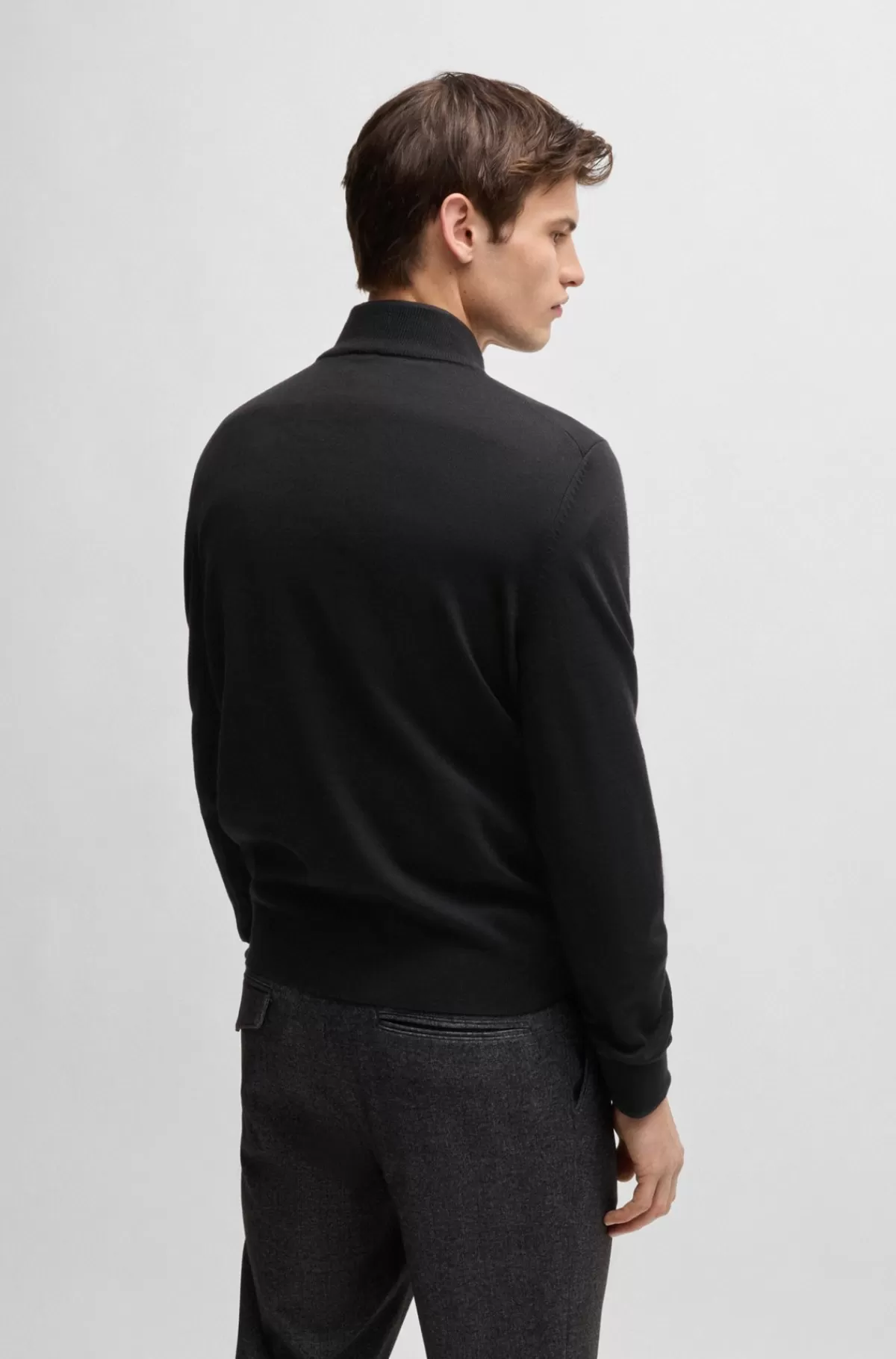 HUGO BOSS Regular Fit Sweater I Ny Uld Med Lynlås I Halsen Sort Sale