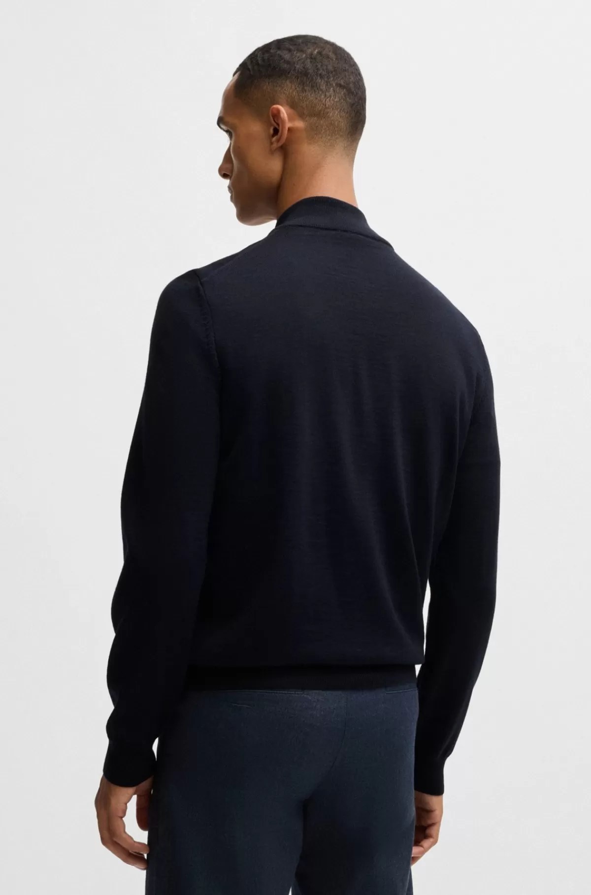 HUGO BOSS Regular Fit Sweater I Ny Uld Med Lynlås I Halsen Mørkeblå Clearance